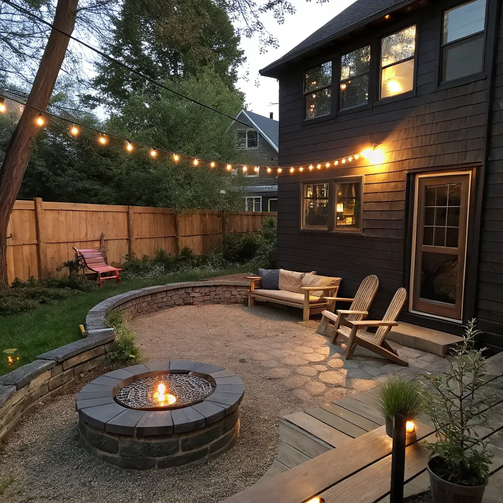 Early evening backyard fire pit area with 10-foot clearance from a charcoal house, 36-inch smokeless steel pit on gravel circle, cedar bench and Adirondack chairs with olive cushions, and solar-lit paver path under warm string lights.