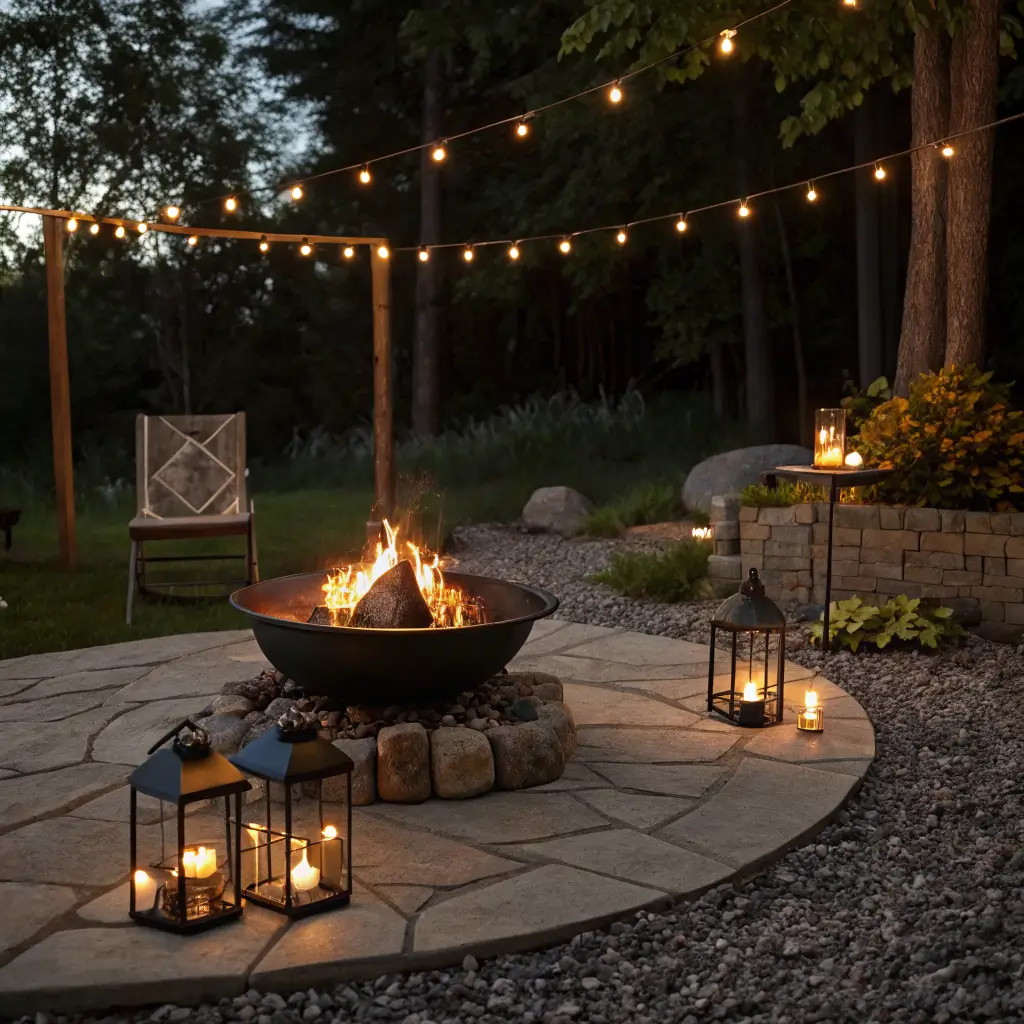 Evening patio scene with a matte black firepit on a flagstone circle, cedar chairs, warm bistro string lights and brass lanterns creating soft bokeh lighting.