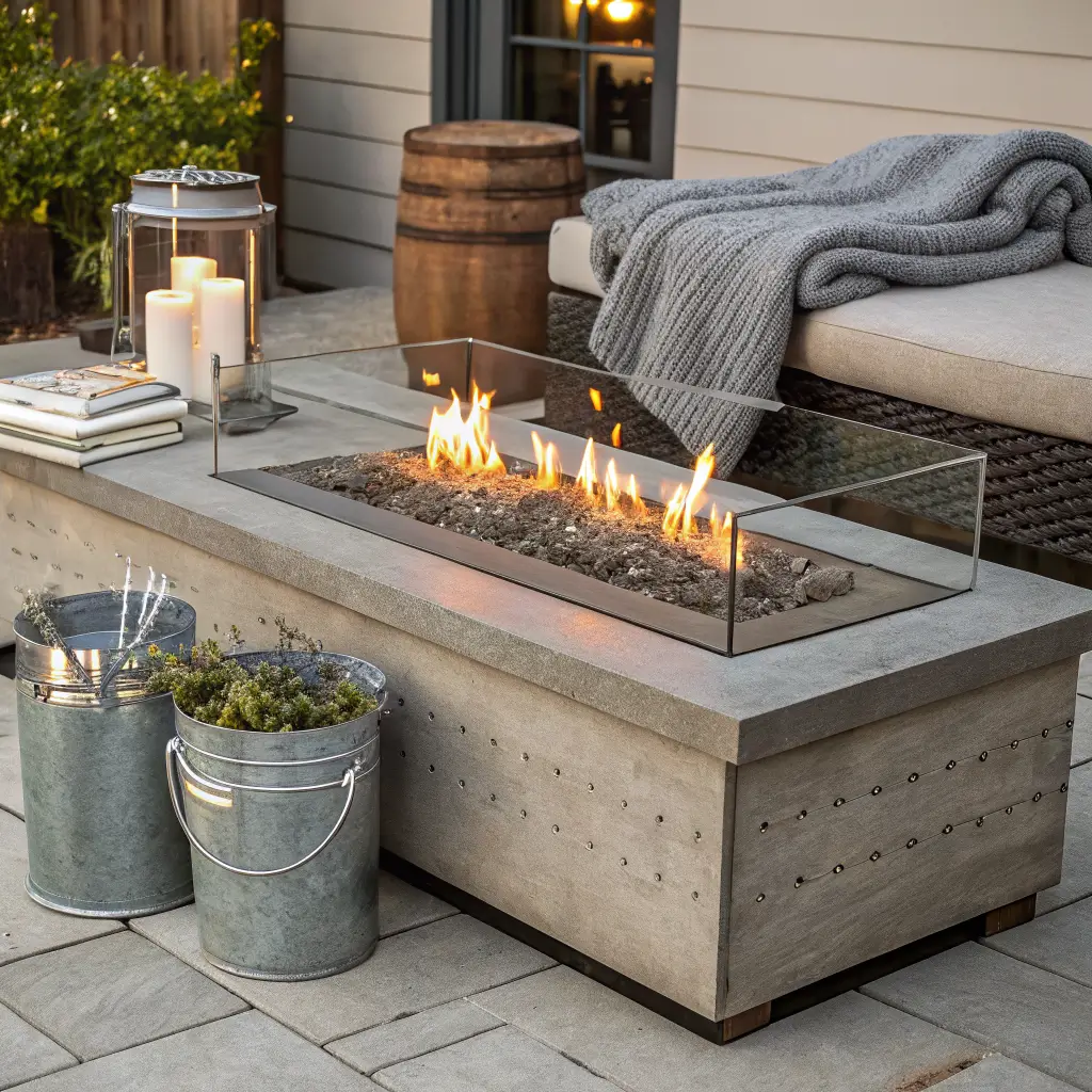 Styled patio vignette with a concrete gas fire table and linear flames over clear fire glass, charcoal knit throws on a teak deck box, and a galvanized bucket side table holding two mugs and an olive sprig under warm string lights at dusk.