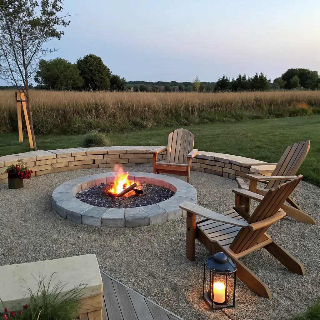 Photorealistic dusk backyard scene with a 40-inch smokeless steel firepit centered in a pea-gravel circle, three cedar Adirondack chairs and a curved cedar bench spaced with breathing room, planters by the entrance path, wind-blown grasses upwind, warm bistro lights and a glowing lantern.