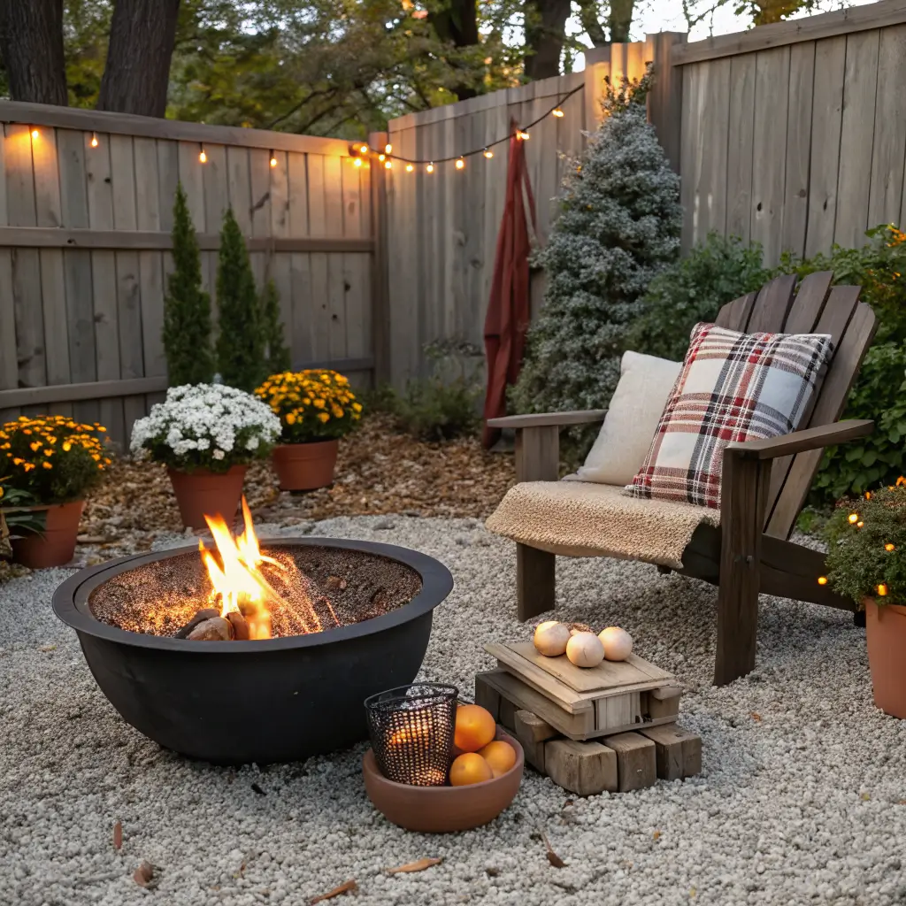 Autumn patio firepit scene with matte black smokeless firepit on pea gravel, rust and charcoal plaid cushions, birch firewood stack by a cedar fence, terracotta planters of mums, and warm bistro string lights at dusk.