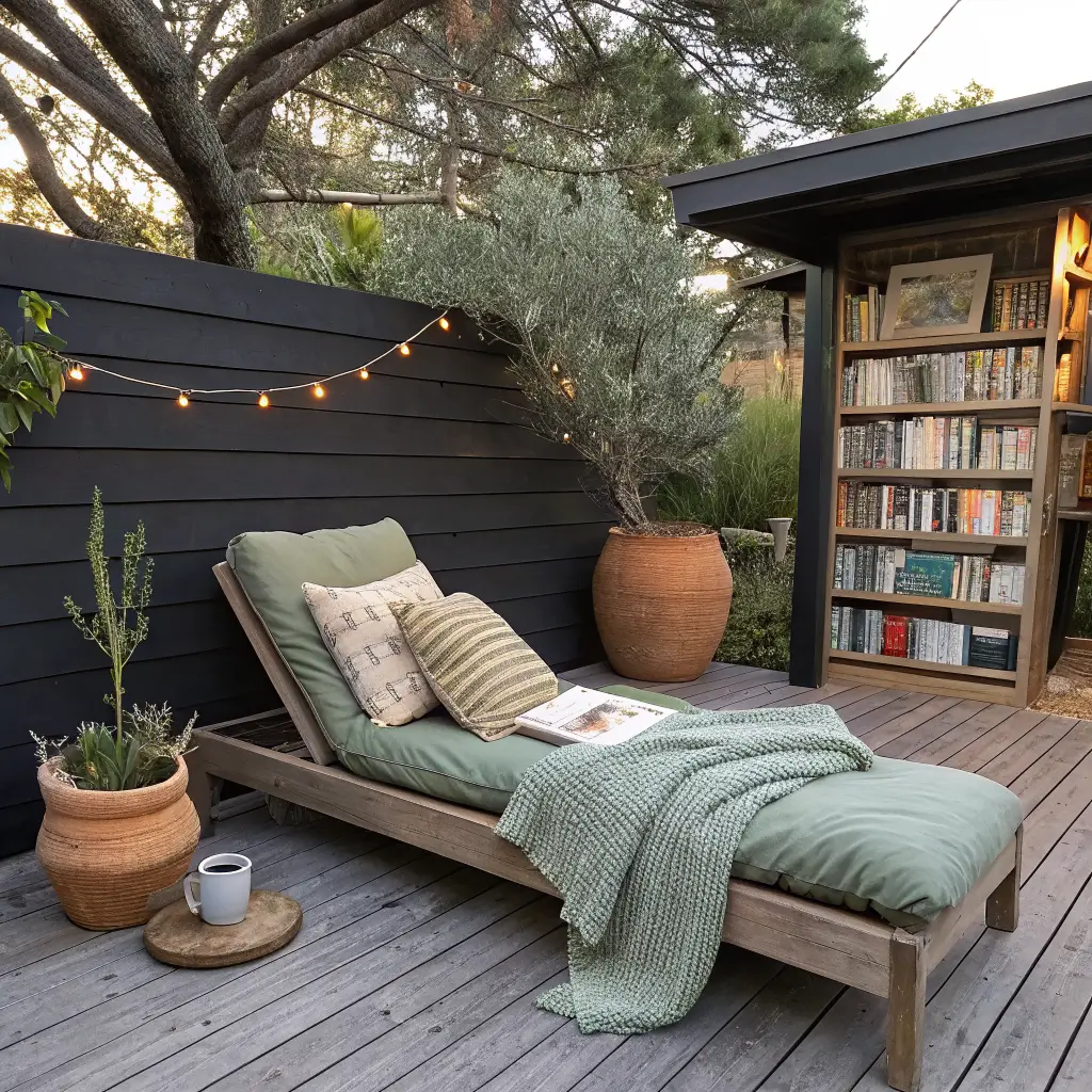 Golden-hour suburban patio reading nook with teak lounger, sage cushions, chunky oatmeal throw, terracotta rosemary pot, floating black book shelf, concrete side table with mug and open book, and warm string lights.