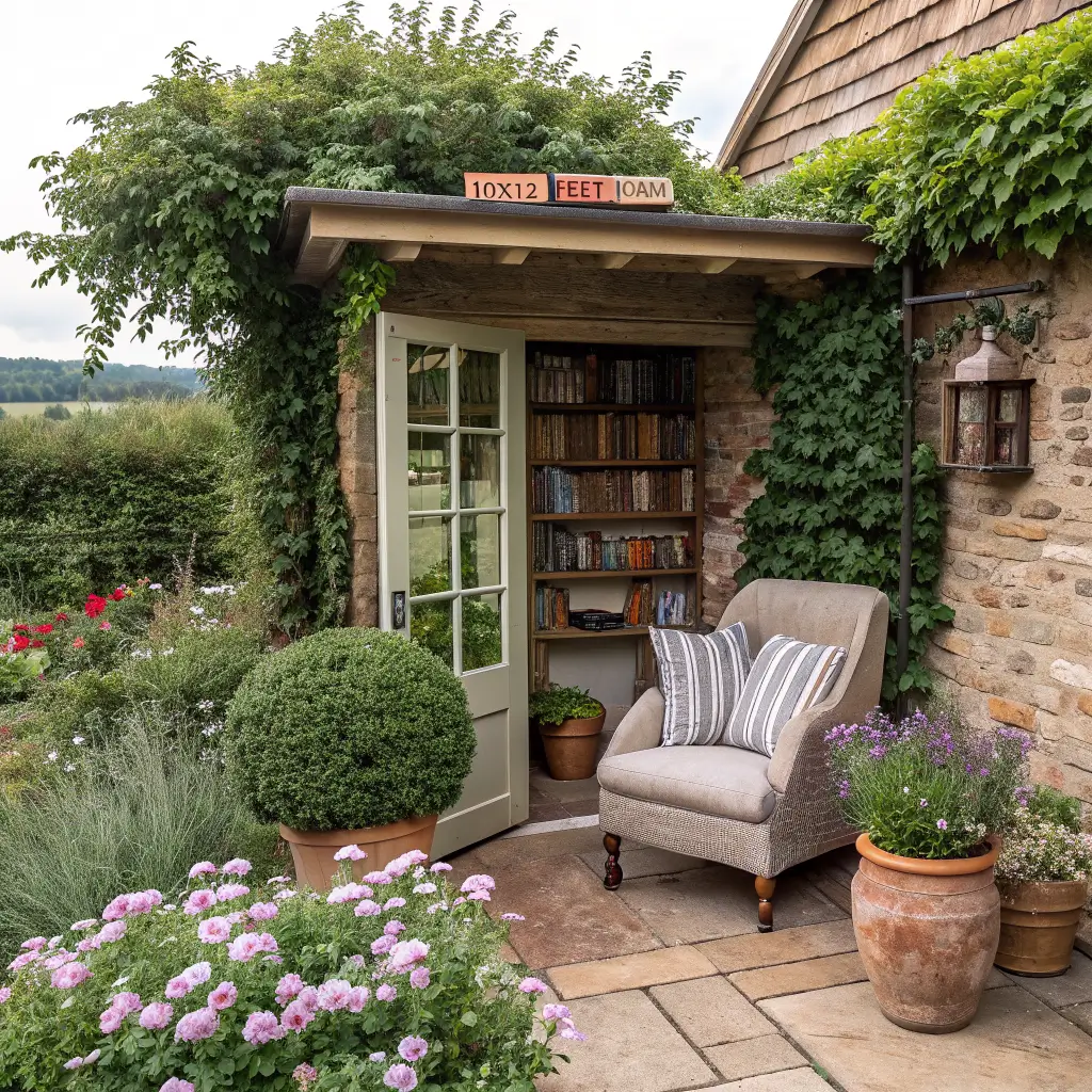 Cottage garden library patio with wingback chair and teak bench, terracotta lavender pots, and a lantern beside a leather-bound novel in dappled morning light.