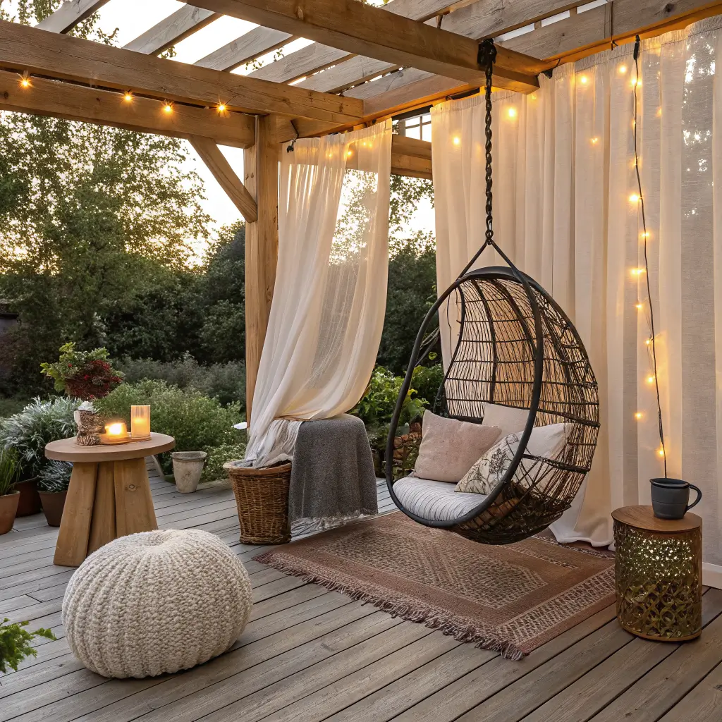 Boho reading terrace under a cedar pergola with a rattan egg chair, layered cream and sage rugs, sheer linen curtains, and warm fairy lights in late afternoon sun.
