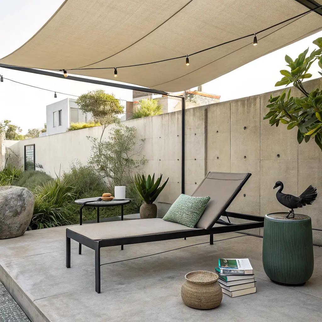 Modern minimalist 6x8 reading patio with a black lounger and sage cushion under a shade sail, facing a concrete planter with bird of paradise, matte black side table holding a mug and book.