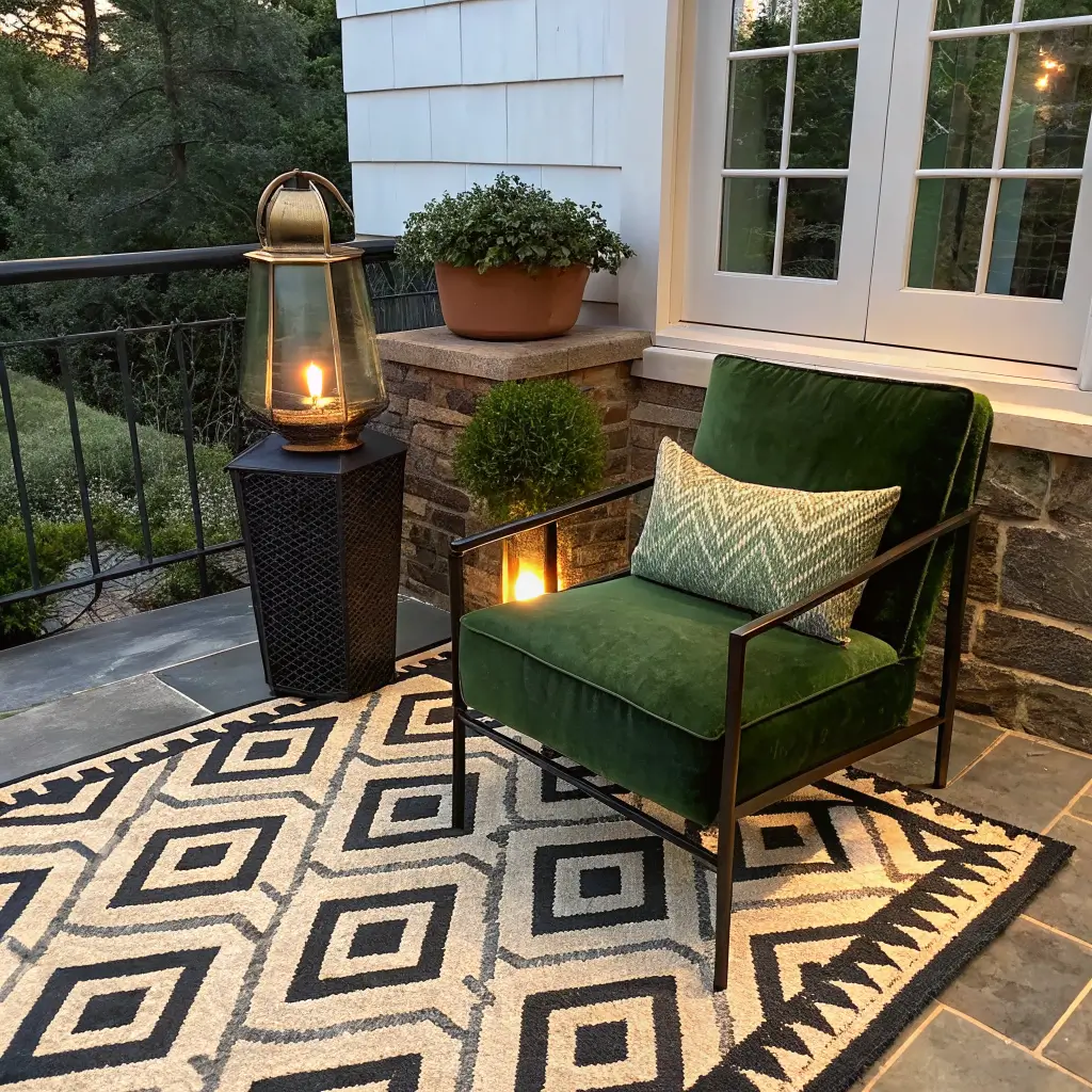 Art Deco outdoor reading terrace at dusk with emerald-cushioned armchair on black-and-cream rug, glowing brass lantern on side table, black shelving with vintage books and fern, and terracotta ivy on a flagstone patio.