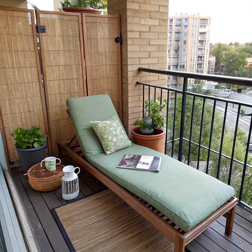 Compact 4x6 balcony reading nook with teak lounger and sage cushion, bucket side table with mug and book, rosemary pot, and bamboo privacy screen in soft 9am light.