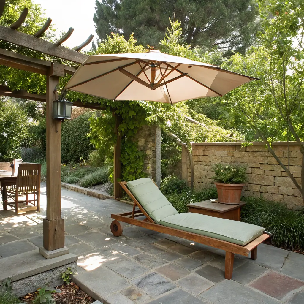 Low-angle view of a shaded patio with an oatmeal cantilever umbrella over a teak lounger with sage cushions, jasmine-covered cedar pergola casting dappled light on flagstone, and a terracotta rosemary pot beside a concrete table with an open book.