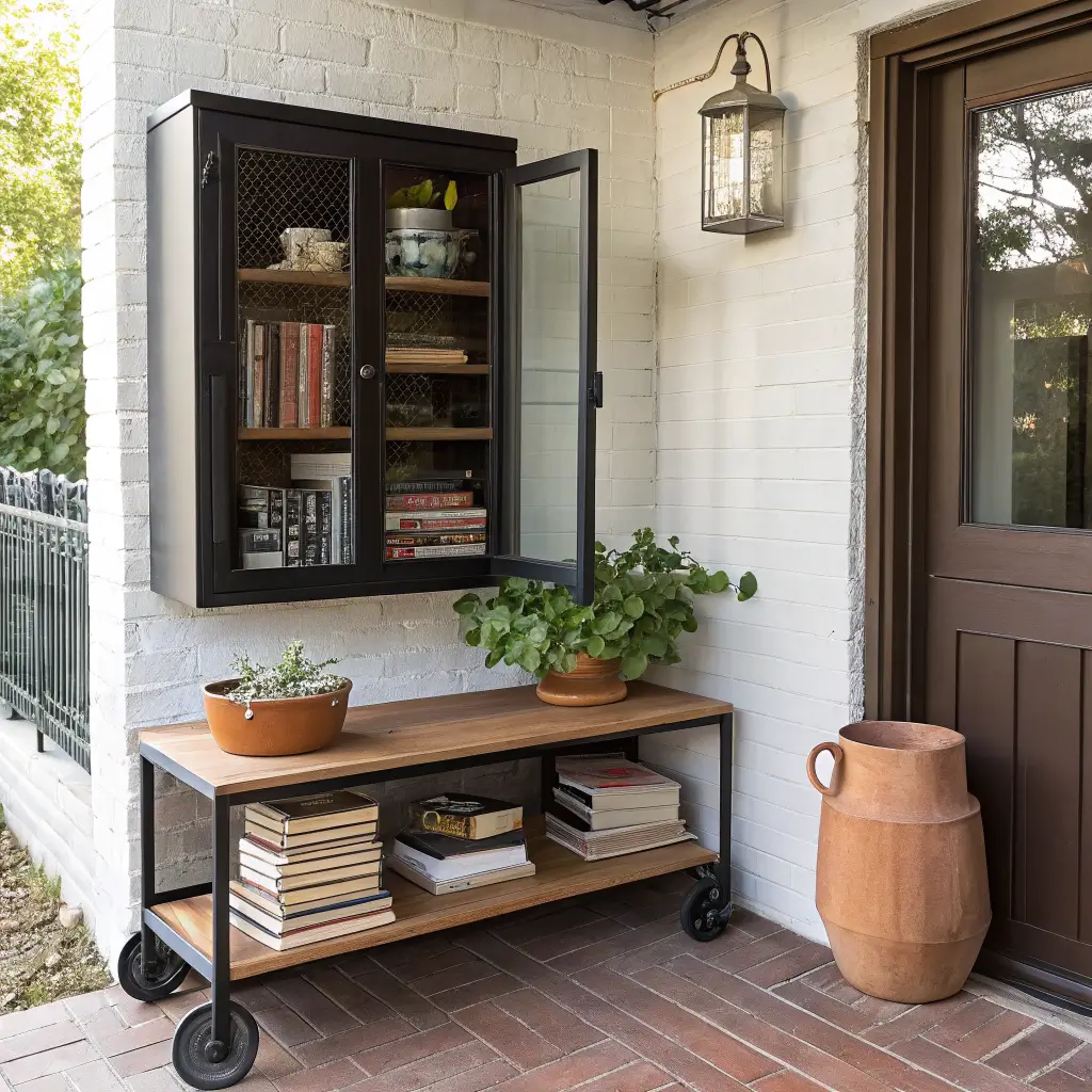 Wall-mounted black steel cabinet open above a teak bench on a covered patio, neatly stacked books inside, rolling wood cart with mug, and a terracotta pot of trailing ivy in warm evening light.