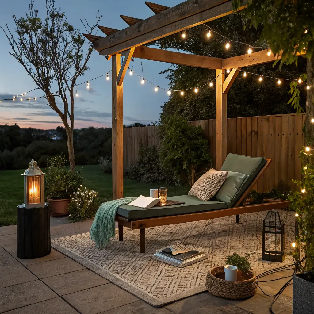 Blue-hour patio with warm string lights on a cedar pergola, glowing table lamp by a teak lounger, solar path lights, brass lantern and rosemary pot, with a steaming mug and open book.