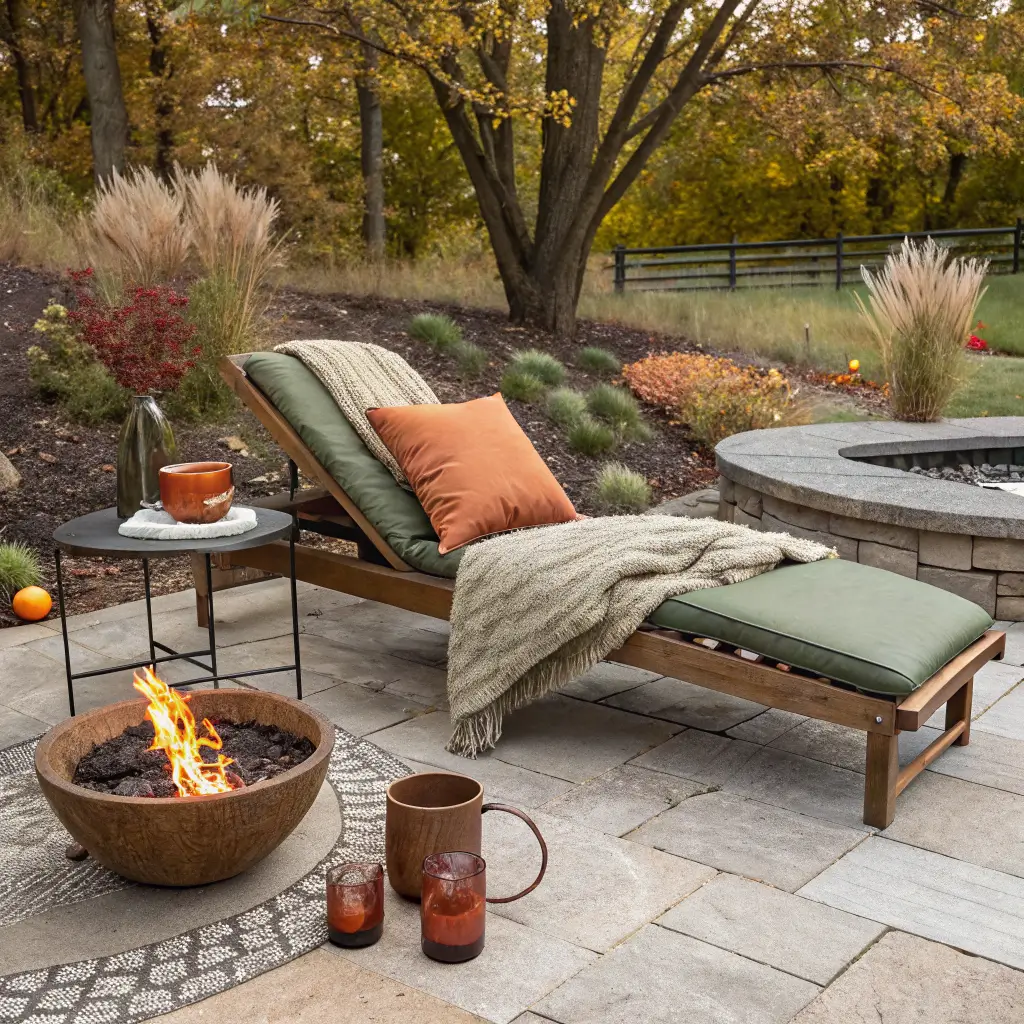 Autumn patio reading nook with teak lounger and wool throw beside a black steel fire pit, sage and terracotta pillows, tea and novel on a concrete side table, and terracotta pots with ornamental grasses and a red dwarf Japanese maple.