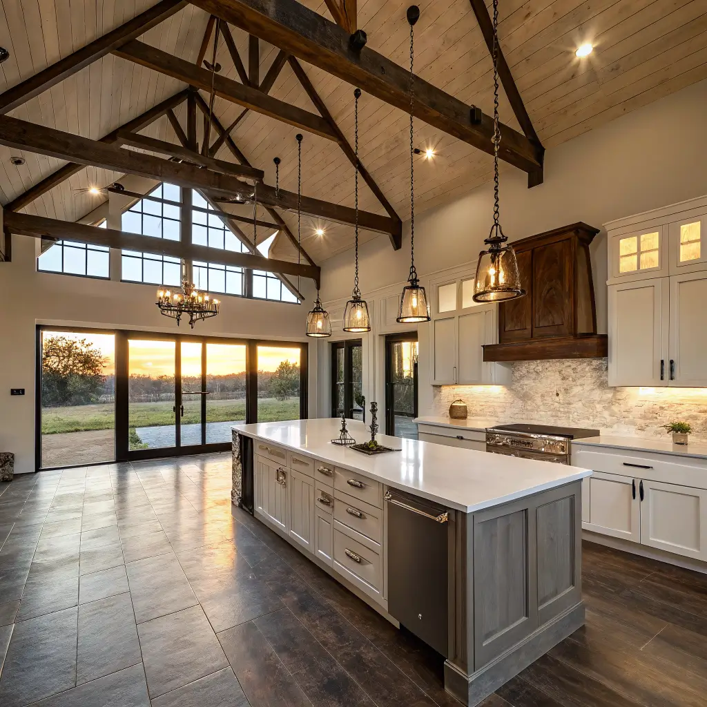 Wide-angle view of a rustic-modern farmhouse barndominium kitchen with a dusty sage island, quartz countertop, off-white cabinets, black-framed patio doors in golden hour light, and polished concrete floors.