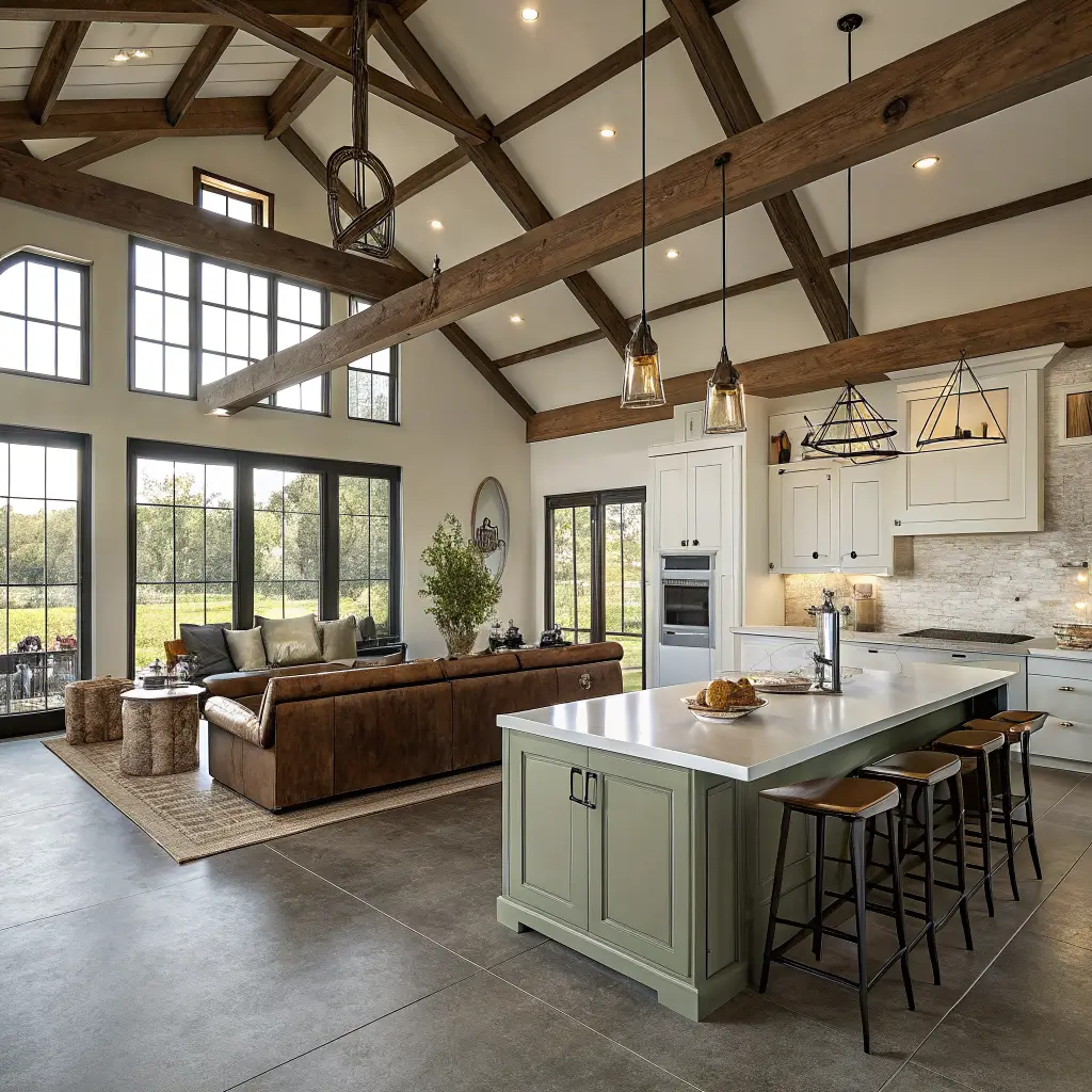 Overhead three-quarter view of a rustic-modern farmhouse barndominium great room kitchen with off-white cabinetry, sage green island, exposed dark walnut beams, polished concrete floors, and open living and dining areas in soft daylight.
