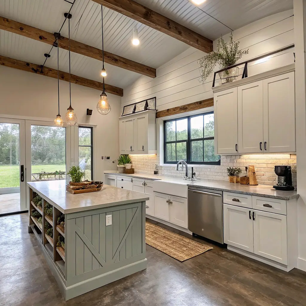 Photorealistic budget-friendly barndominium kitchen with creamy white shaker cabinets, sage island, farmhouse sink under a large window, stainless appliances, and warm stained concrete floor.