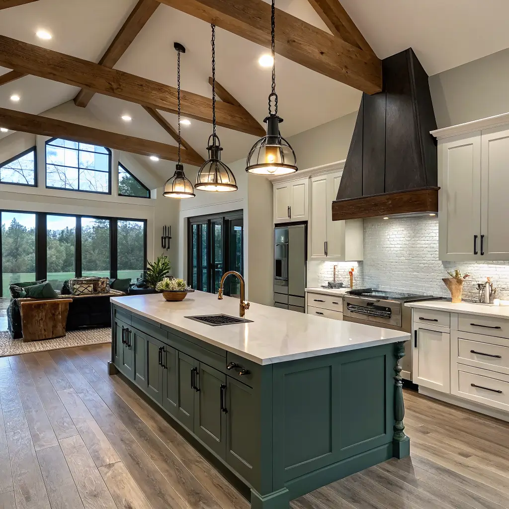 Low-angle photorealistic view of a dusty sage green barndominium kitchen island with quartz top, walnut bar ledge, fireclay apron sink, brass faucet, and rattan stools under warm pendant lights at blue hour.