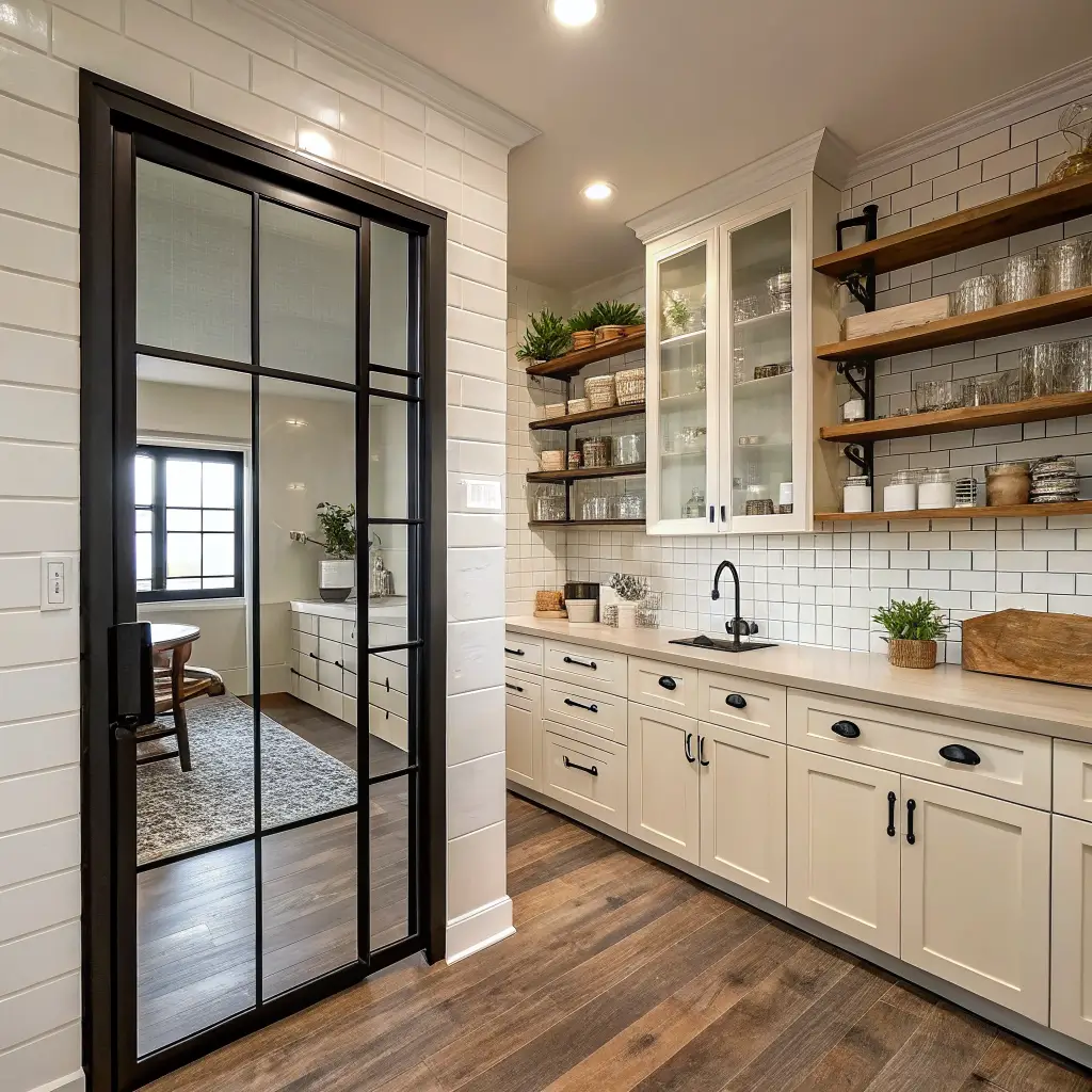 Photorealistic walk-in pantry mini kitchen with walnut open shelves, espresso station, off-white cabinets with brass pulls, herringbone subway tile, small prep sink, and polished concrete floor, lit by warm morning light through a black-framed glass sliding door.