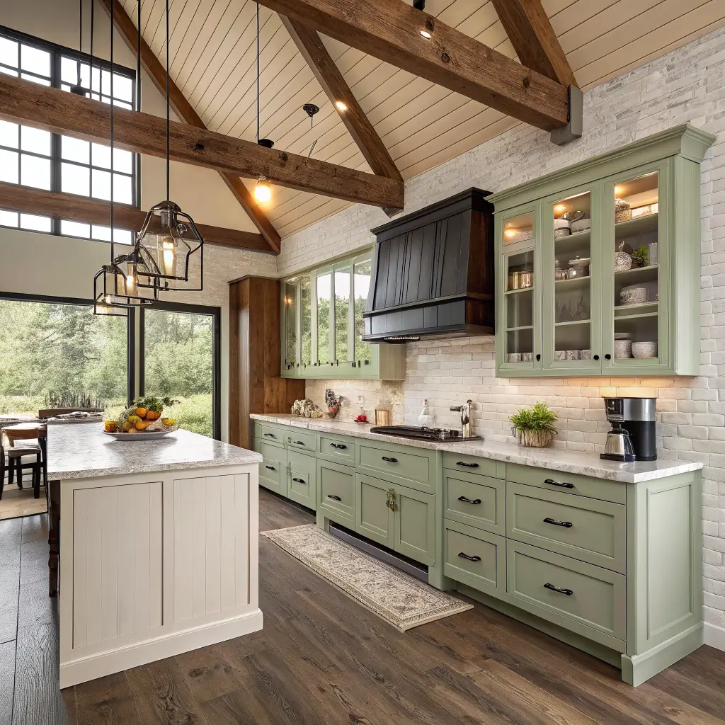 Close-up of two-tone barndominium kitchen cabinets with sage green lowers, off-white uppers to the ceiling, quartz countertop, ivory zellige backsplash, and black range in warm afternoon light.