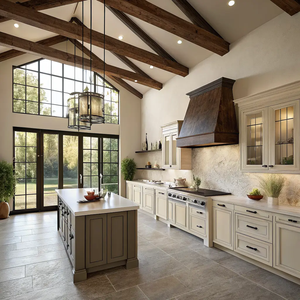 Photorealistic barndominium kitchen with off-white cabinets, dusty sage island, blackened steel hood, ivory zellige backsplash, walnut beams, and late-afternoon sun on greige concrete floor.