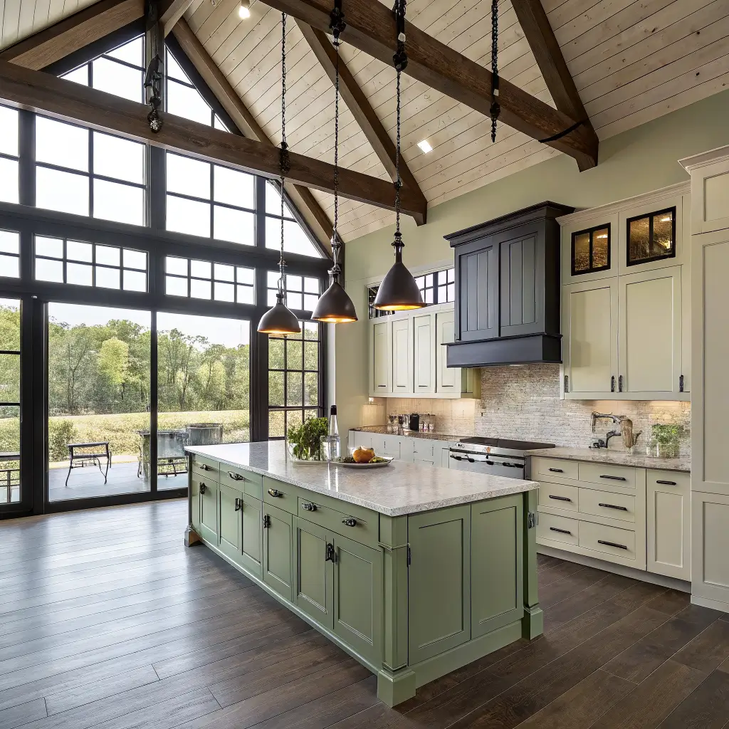 Photorealistic barndominium kitchen with 14-foot ceilings, dark walnut beams, tall black-framed windows, off-white cabinets to the ceiling, and a dusty sage island under large black seeded-glass pendants.