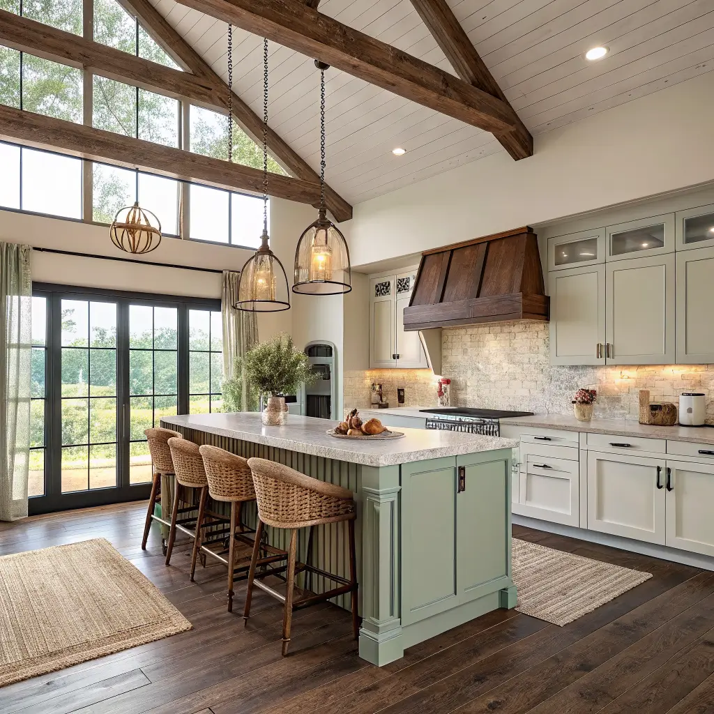 Photorealistic boho barndominium kitchen with tall walnut beams, off-white cabinets, sage island with rattan stools, jute pendant, warm light through linen curtains, and polished concrete floors.