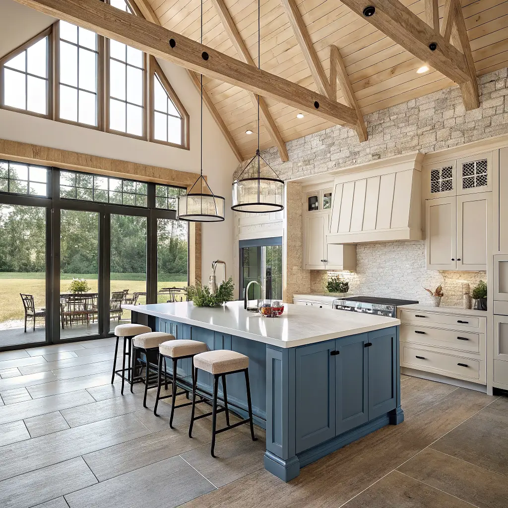 Photorealistic coastal barndominium kitchen with sandy beige cabinets, blue-gray island, white oak beams, stacked stone backsplash, and bright morning light through black-framed windows.