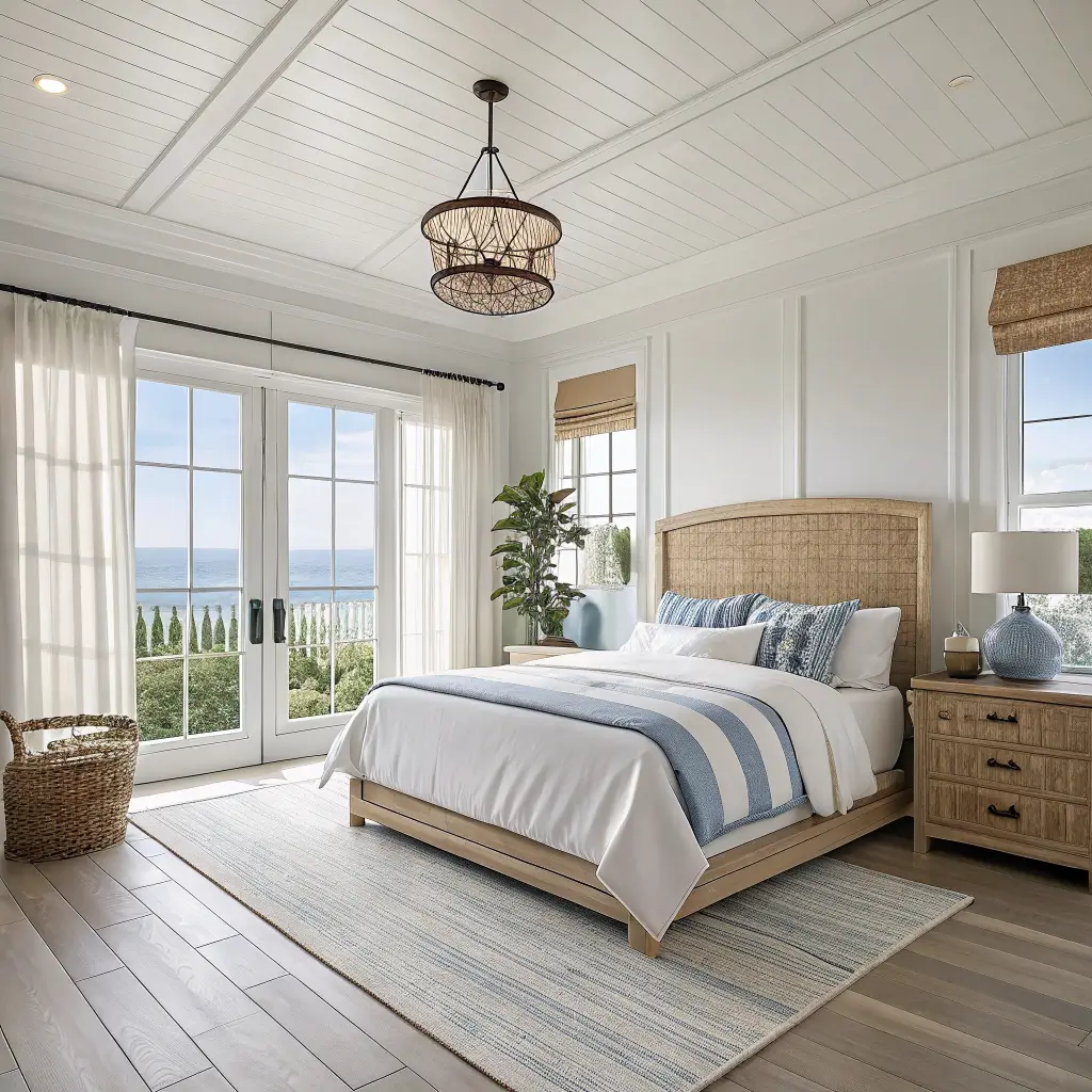 Photorealistic coastal bedroom with rattan queen bed, white linen bedding, jute rug, weathered nightstands with glass lamps, ocean photo above, and morning light through sheer curtains.