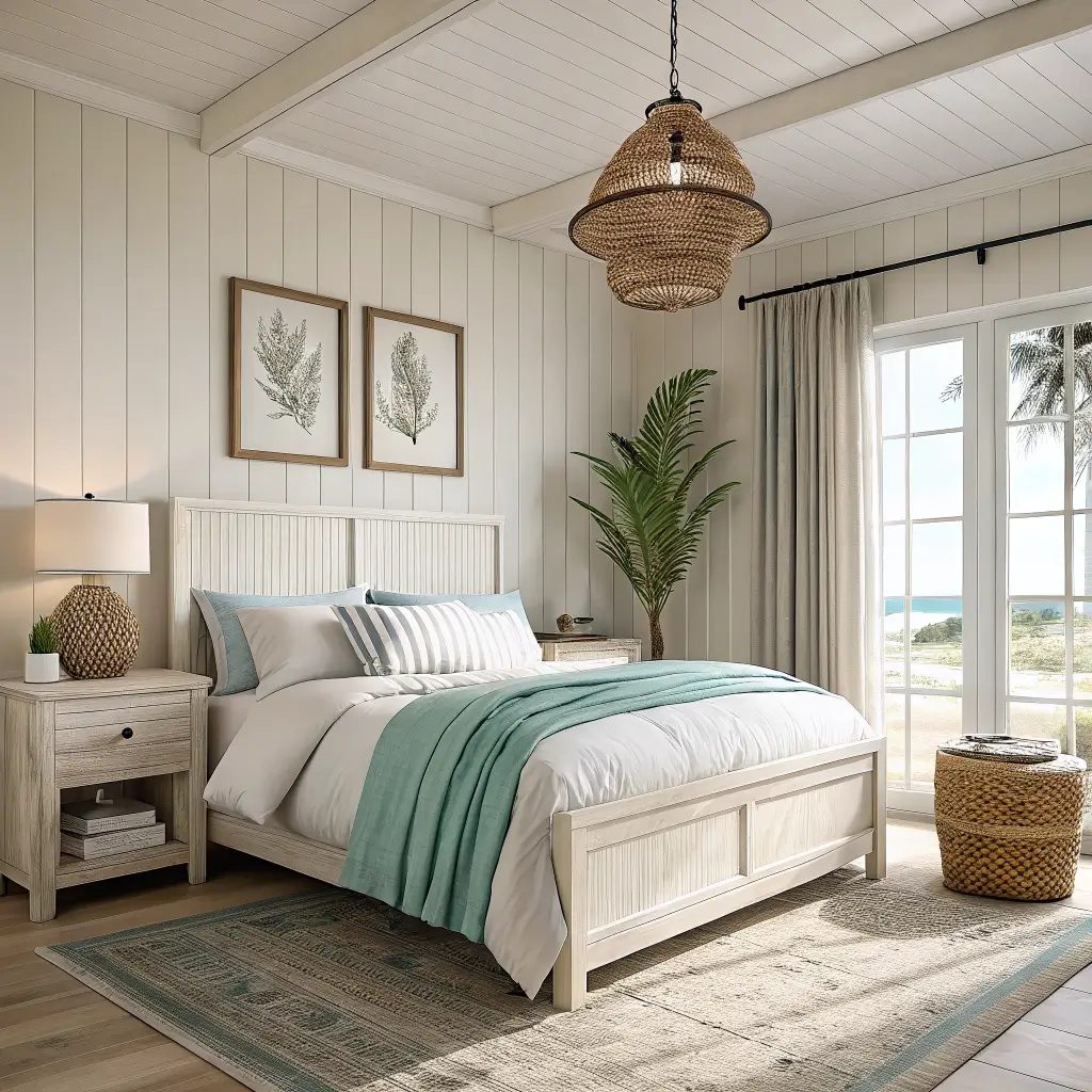 Photorealistic modern coastal guest bedroom with whitewashed pine bed, oyster linen bedding, muted teal throw, palm frond photo, rattan pendant, sheer curtains with bamboo shades, oak nightstand, and jute rug in late morning light.