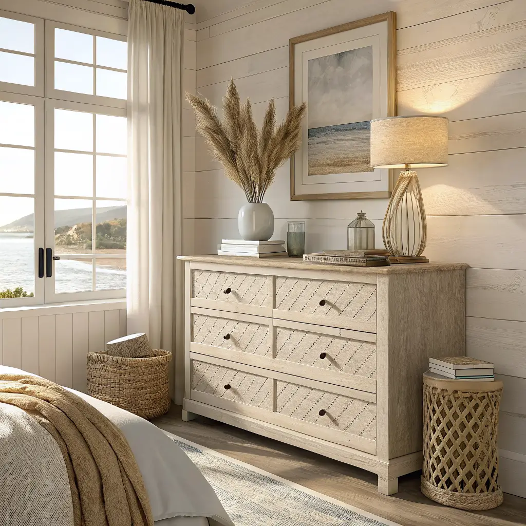 Close-up of a coastal bedroom corner with a warm sandy off-white accent wall, whitewashed oak dresser with rattan tray, books, pampas in a ceramic vase, sand dollars in a glass jar, driftwood and rope-edged mirror, and a seafoam throw in golden afternoon light.
