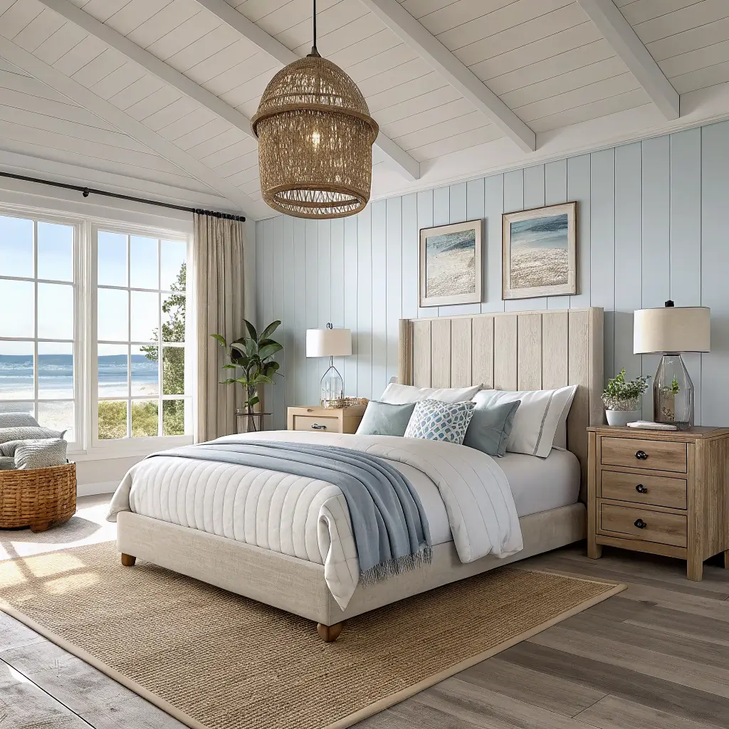 Photorealistic coastal bedroom with pale blue linen headboard, crisp white bedding, striped coverlet, driftwood nightstands, jute rug, and rattan drum pendant in late morning light.