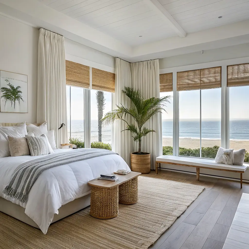 Modern coastal bedroom with tall windows, off-white linen curtains and bamboo shades casting striped light on jute rug, rattan bench with seafoam throw, and a kentia palm by the window.