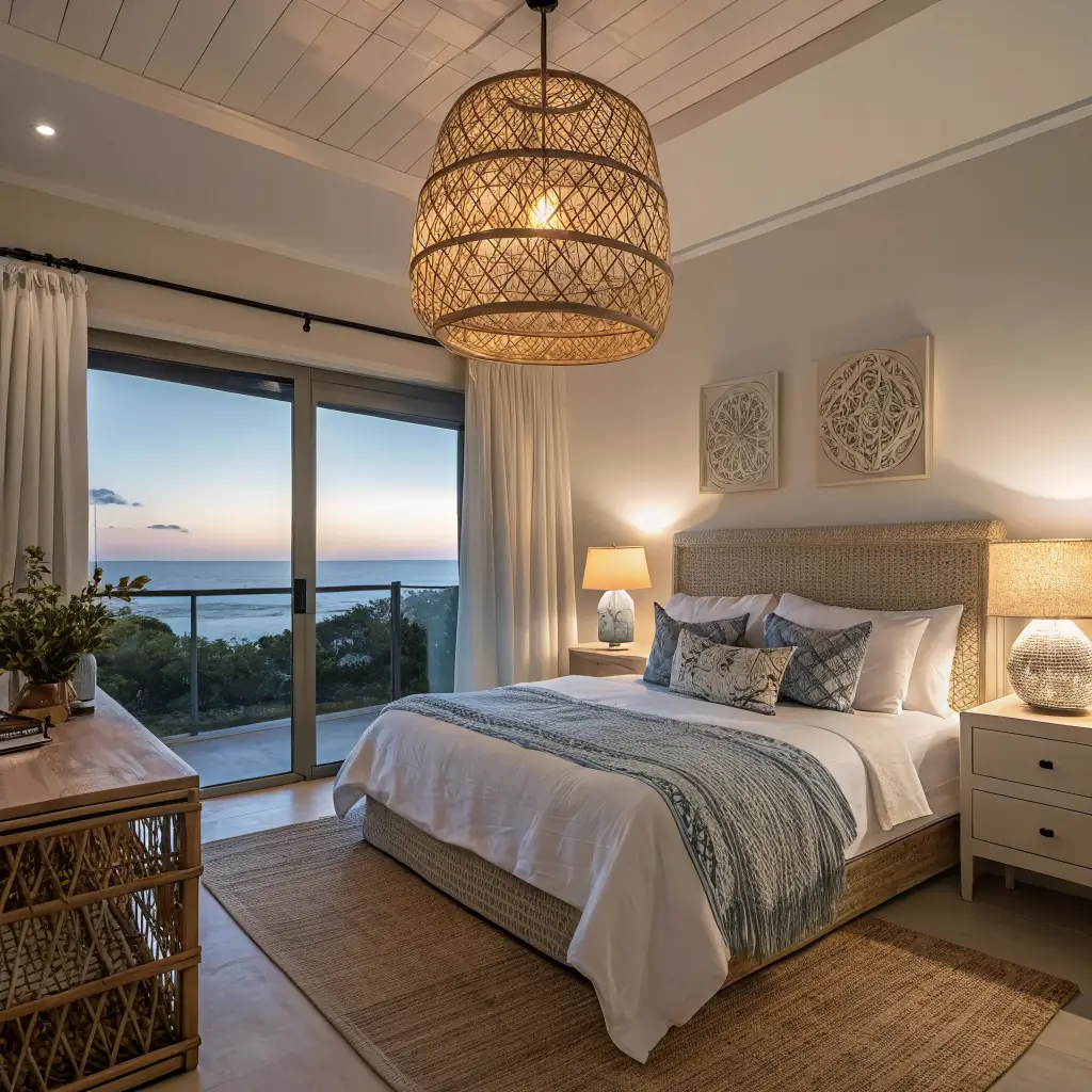 Coastal bedroom at dusk with warm rattan pendant casting shadows, oyster-white linen bed with sky-blue coverlet, seagrass lamp on whitewashed nightstand, and sheer curtains glowing blue behind bamboo shades.