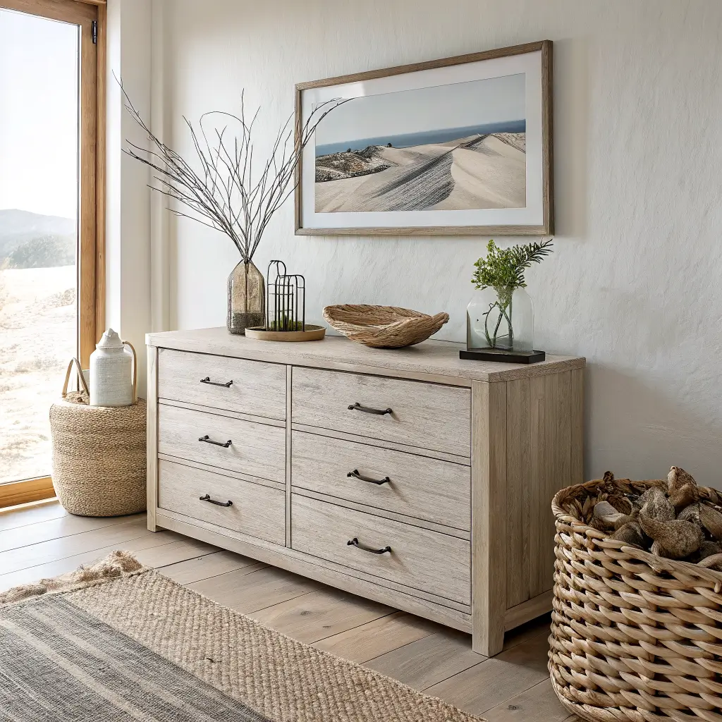 Whitewashed oak dresser vignette with rattan tray of shells, driftwood, and olive sprig in glass, framed dune photo above, and seagrass basket with linen blanket in soft morning light.