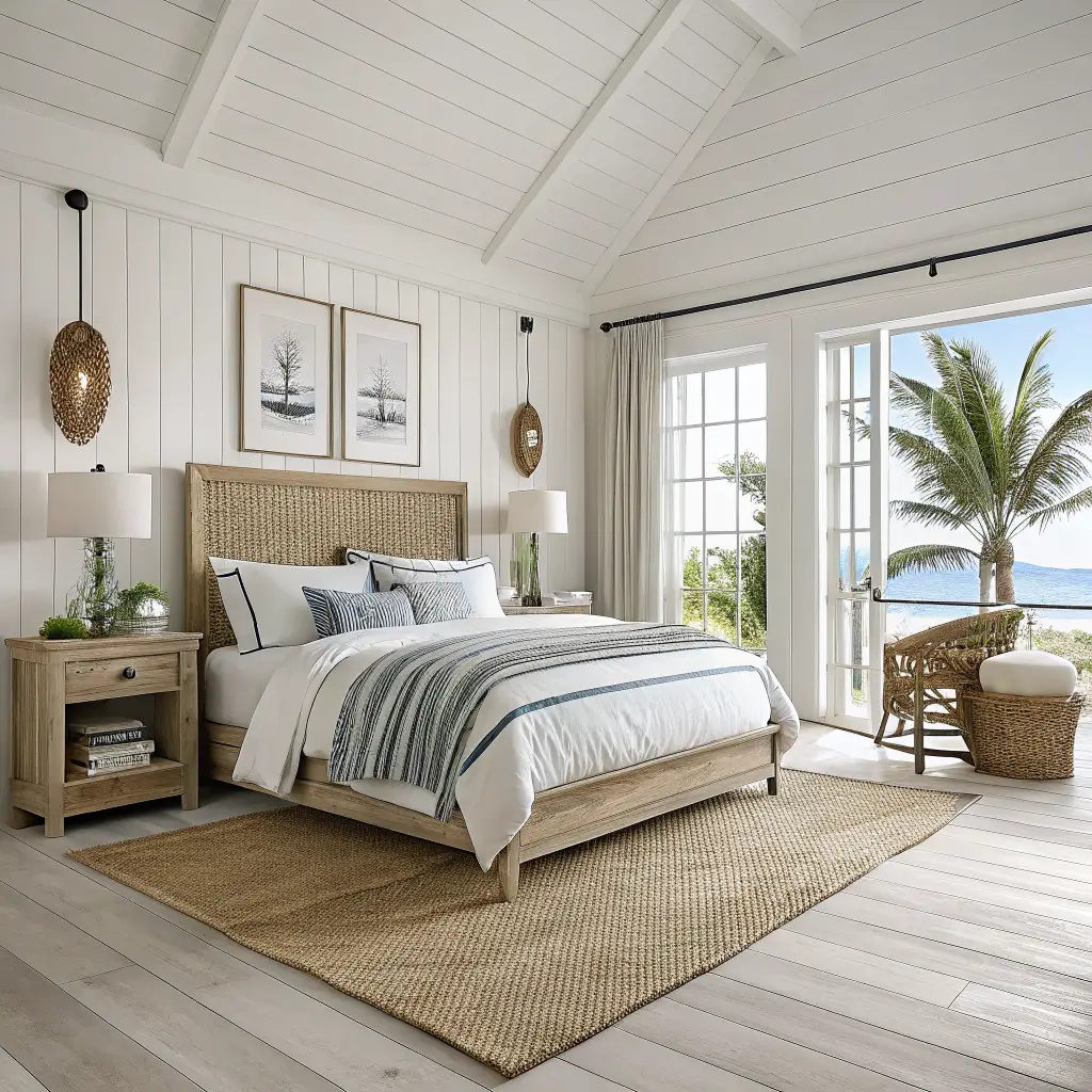 Wide-angle view from the doorway of a modern coastal bedroom with white walls and whitewashed oak floors, featuring a rattan-headboard queen bed on a jute rug, driftwood nightstands, palm wall art, linen curtains with bamboo shades, an areca palm, and a woven basket at the foot of the bed.