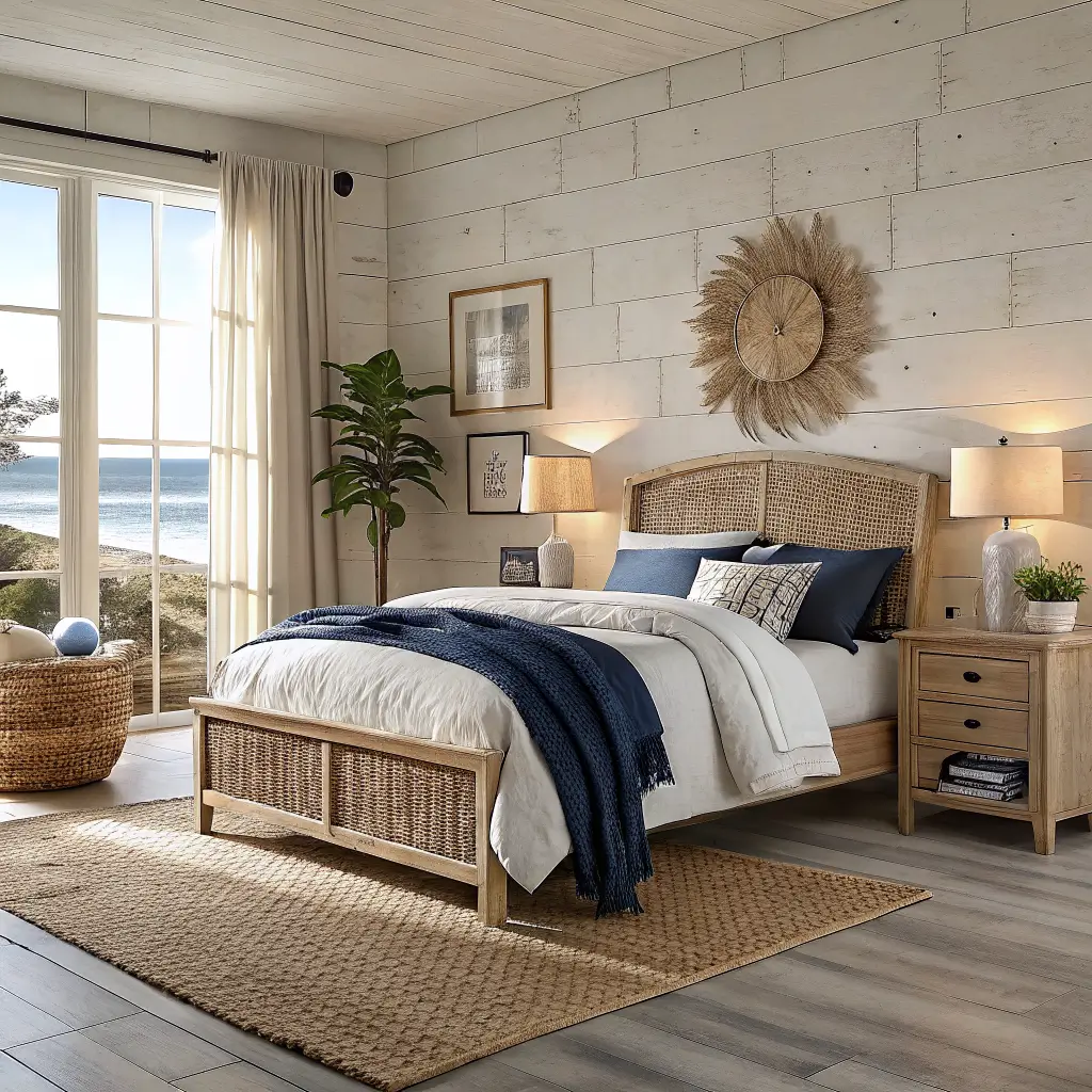 Photorealistic modern coastal bedroom in autumn light with rattan bed, white linens, ink-blue coverlet, chunky cream throw, jute rug, driftwood nightstand, and warm lamp glow through bamboo shades.