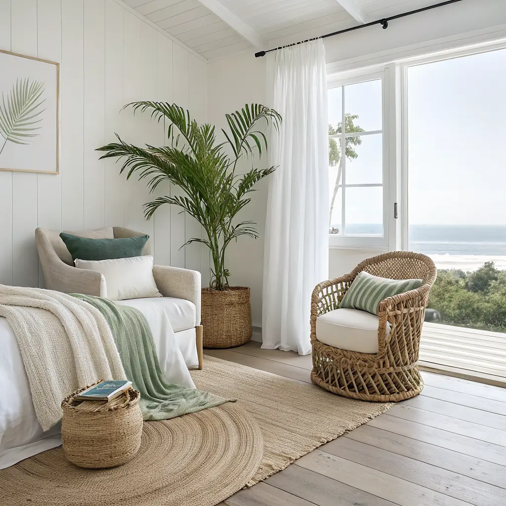 Coastal bedroom corner with a potted kentia palm, rattan armchair with seafoam cushion, seagrass basket, and weathered side table in soft midday light.
