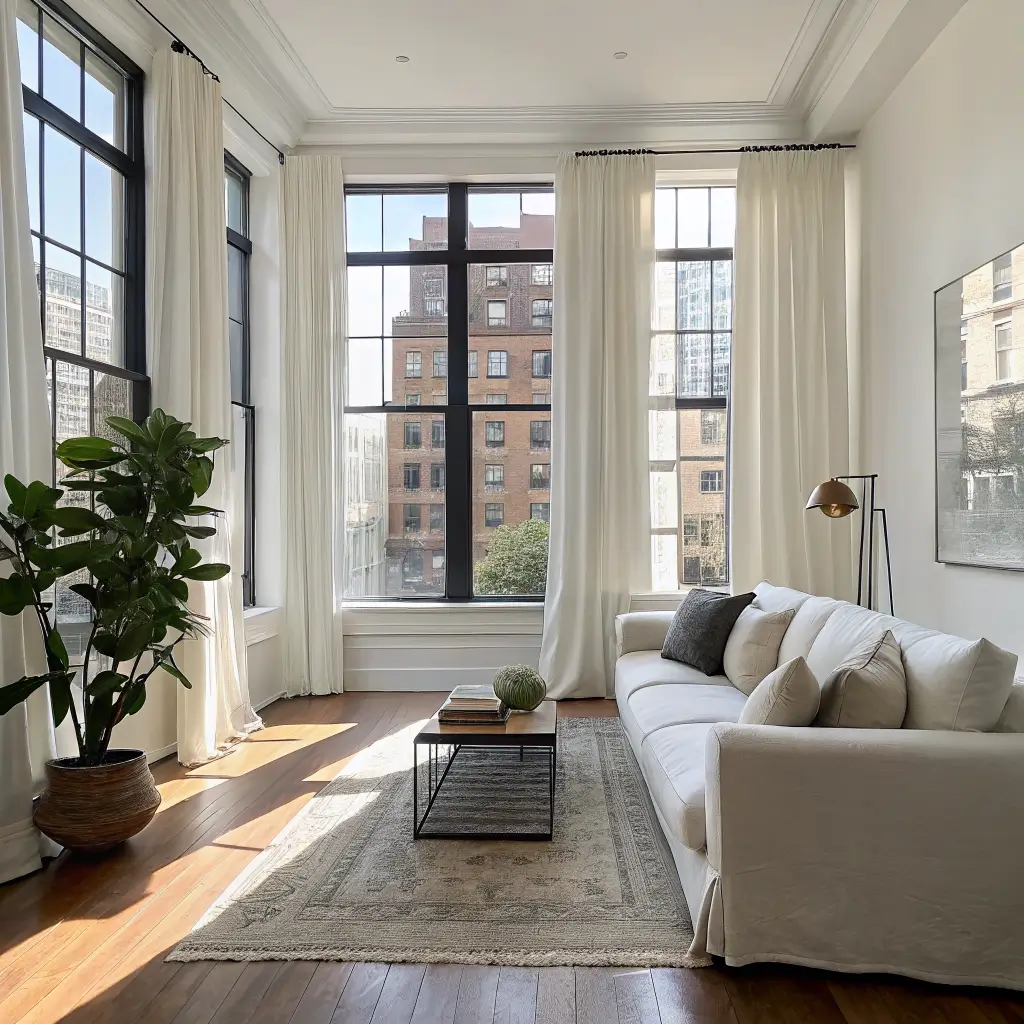 Sunlit urban apartment living room with off-white sofa, checkerboard rug, round walnut coffee table, tall curtained windows, and a fiddle-leaf fig in a black planter.