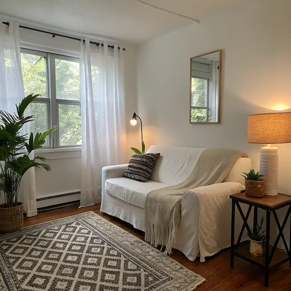 Photorealistic small garden-apartment living room with off-white slipcovered sofa, black-and-white abstract rug, walnut side table with glowing ceramic lamp, sheer-curtained window, leaning black-framed mirror, and snake plant in bone planter.