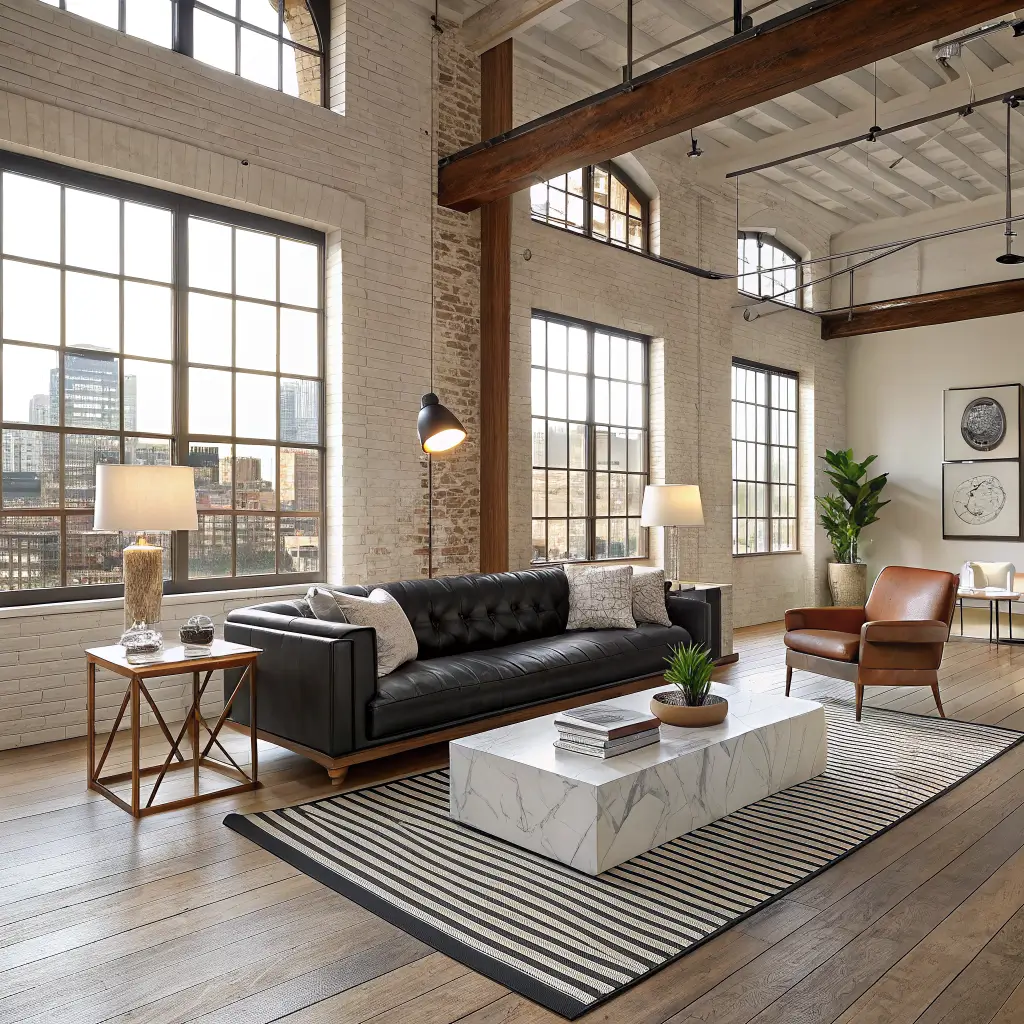 Photorealistic loft living area with black leather sofa, striped rug, marble coffee table, boucle chair and pouf, and golden light through steel-framed windows.