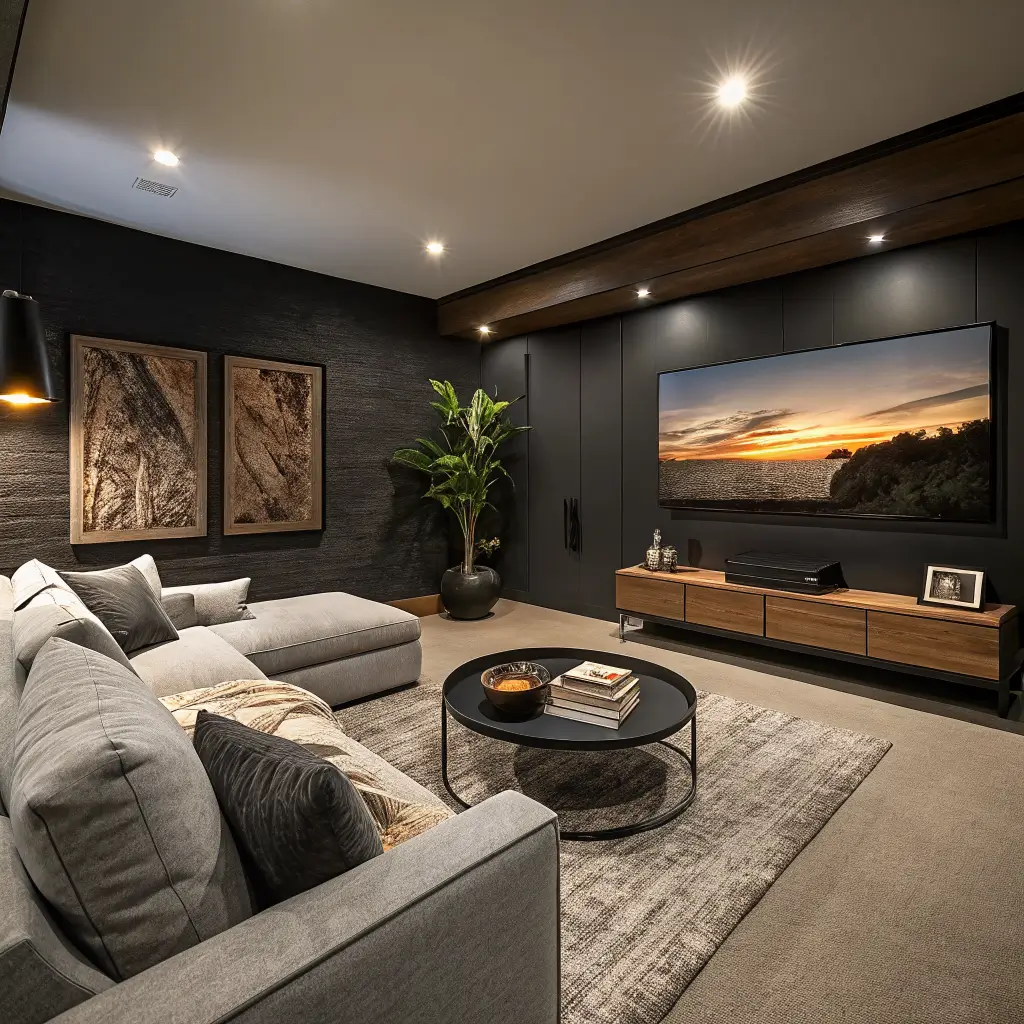 Moody media room at dusk with Tricorn Black walls, a charcoal sectional, walnut round coffee table, greige rug, brass picture light, and matte black floor lamp behind the sofa.