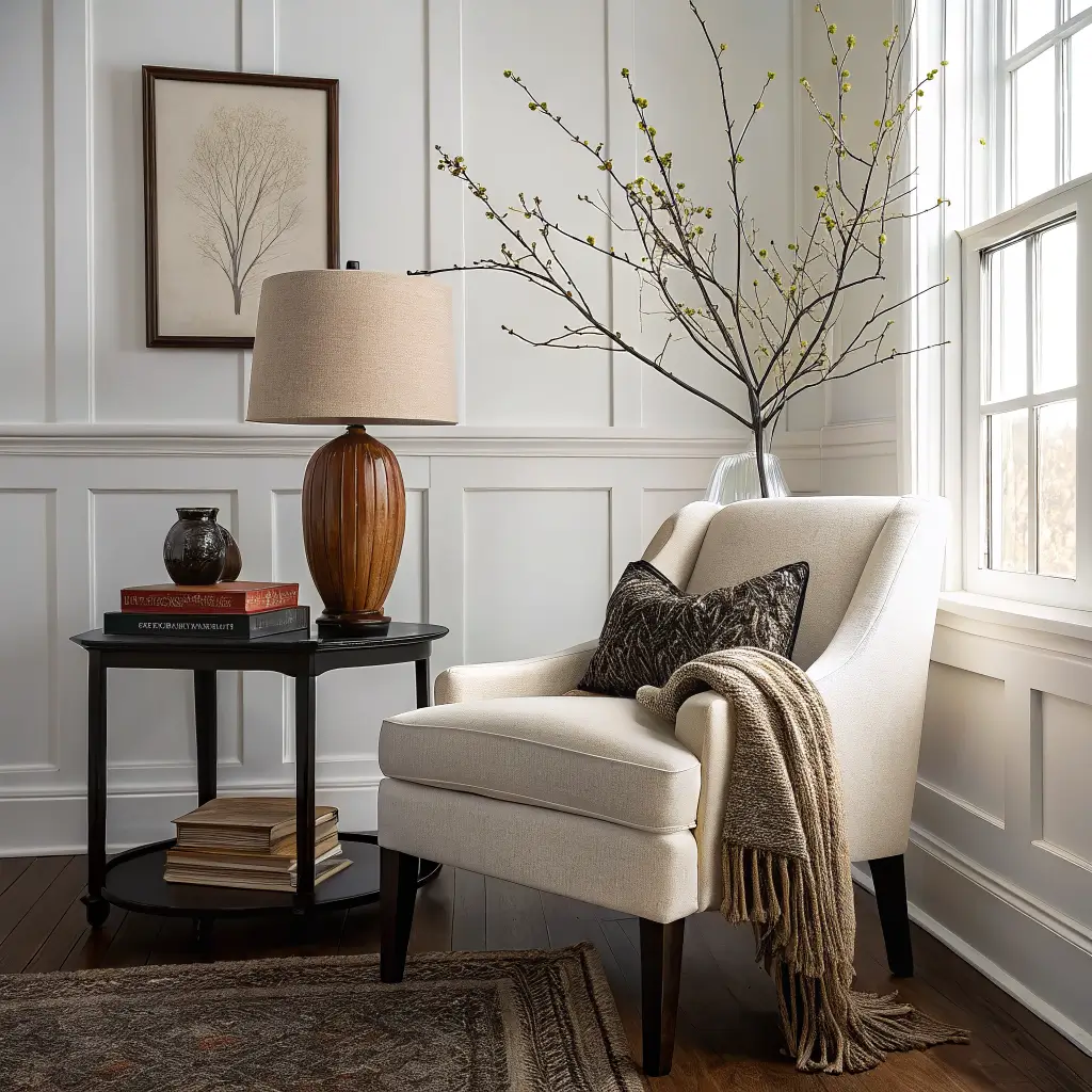 Photorealistic living room detail with Simply White wall, Tricorn Black trim and wainscoting, off-white bouclé chair, charcoal knit throw, walnut side table with matte black lamp, and bone ceramic vase with eucalyptus in morning light.