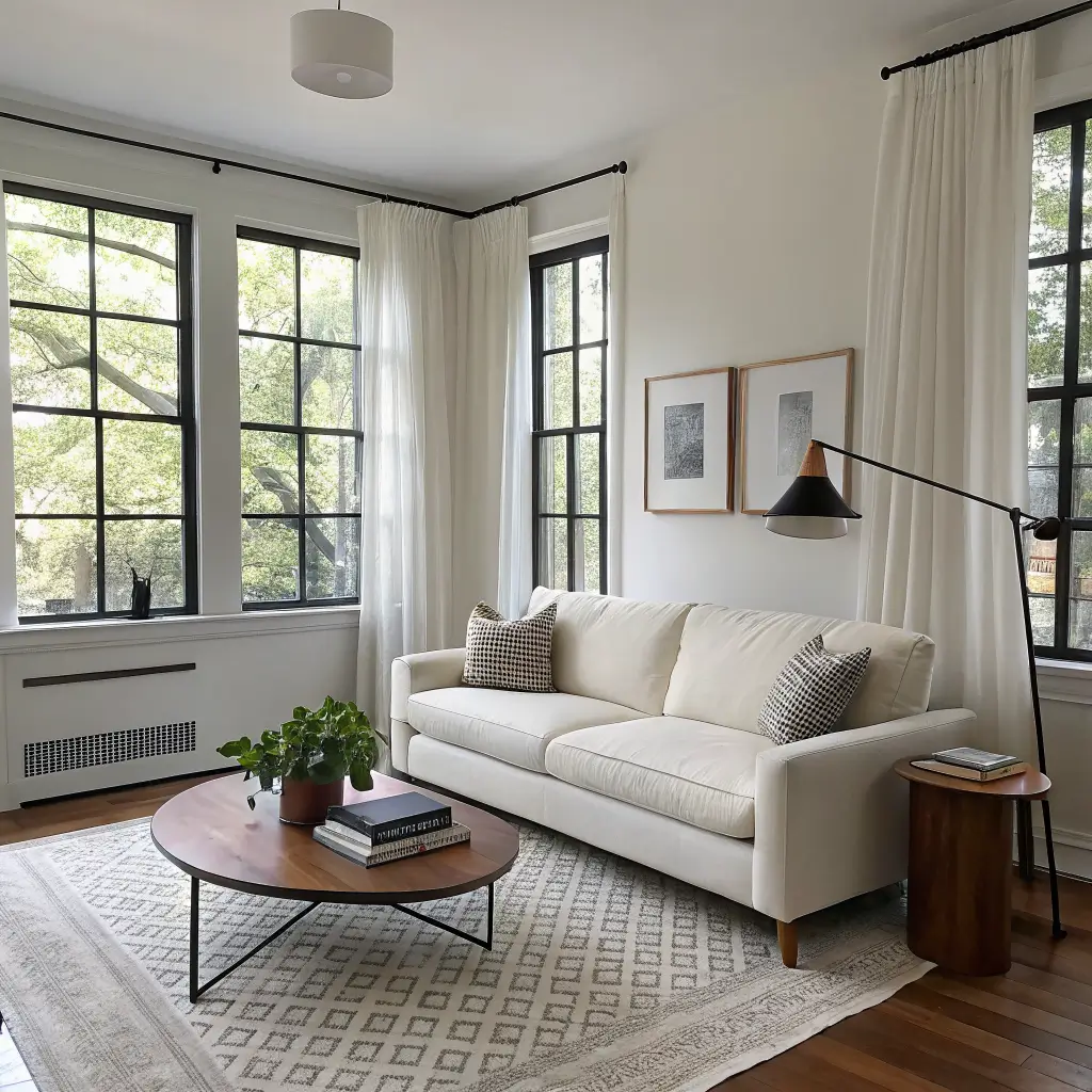 Photorealistic warm minimalist living room with white sofa, black-frame photo gallery wall, checkerboard rug, round walnut coffee table, cream boucle chairs, and sunlit linen curtains.