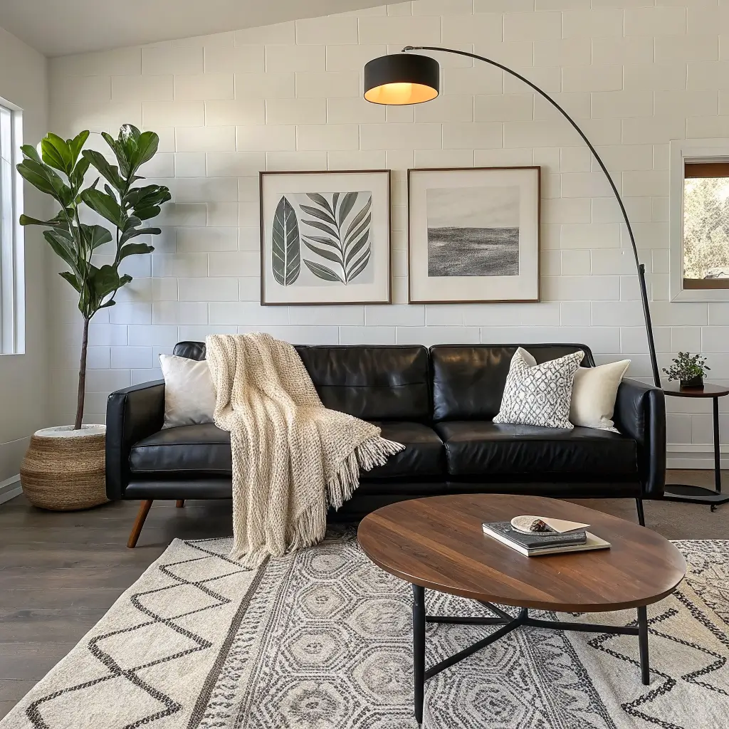 Golden-hour living room vignette with worn black leather sofa, cream boucle throw, black-and-white abstract rug, round walnut coffee table, arched black floor lamp, large abstract artwork, and fiddle-leaf fig.