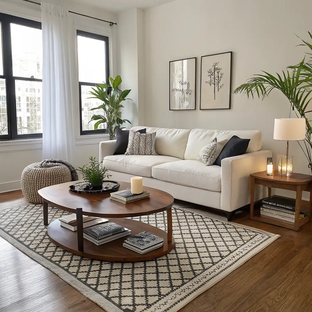 Photorealistic 15x16 living room with white sofa, checkerboard rug, walnut round coffee table, two boucle chairs, snake plant, leaning mirror, black floor lamp, and styled table in morning light.