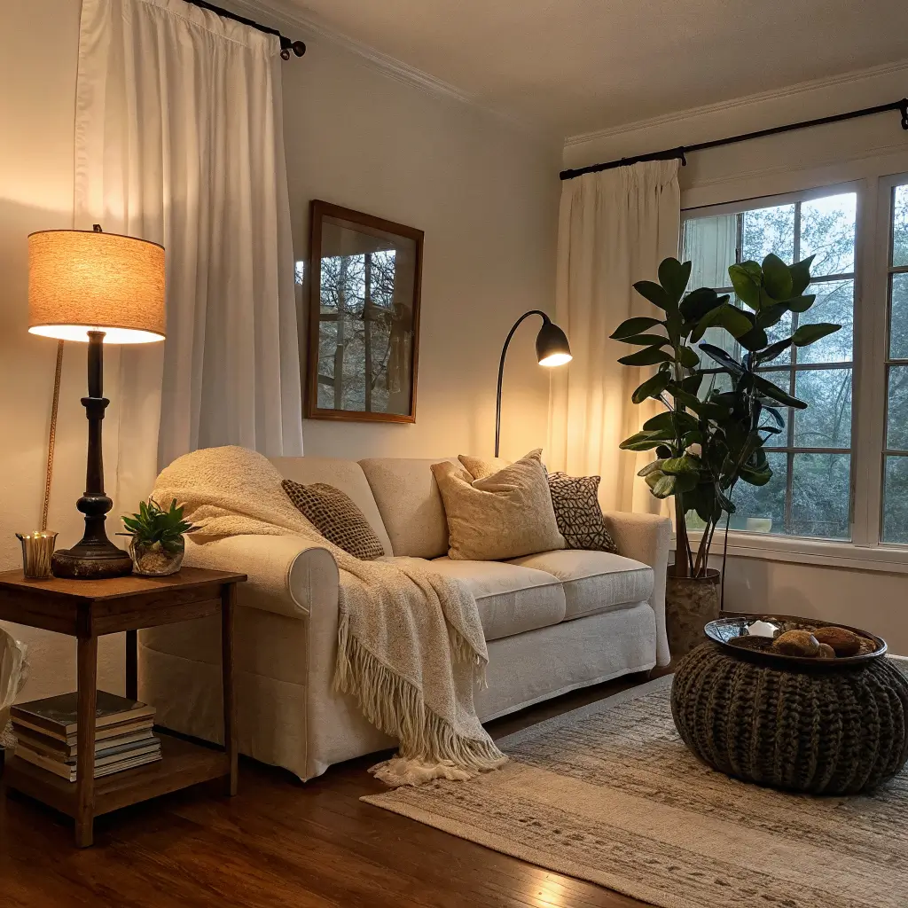 Warm monochrome living room at dusk with glowing lamps, off‑white sofa with boucle throw and oat pillows, walnut tables, fiddle‑leaf fig, greige‑black rug, and white linen curtains.