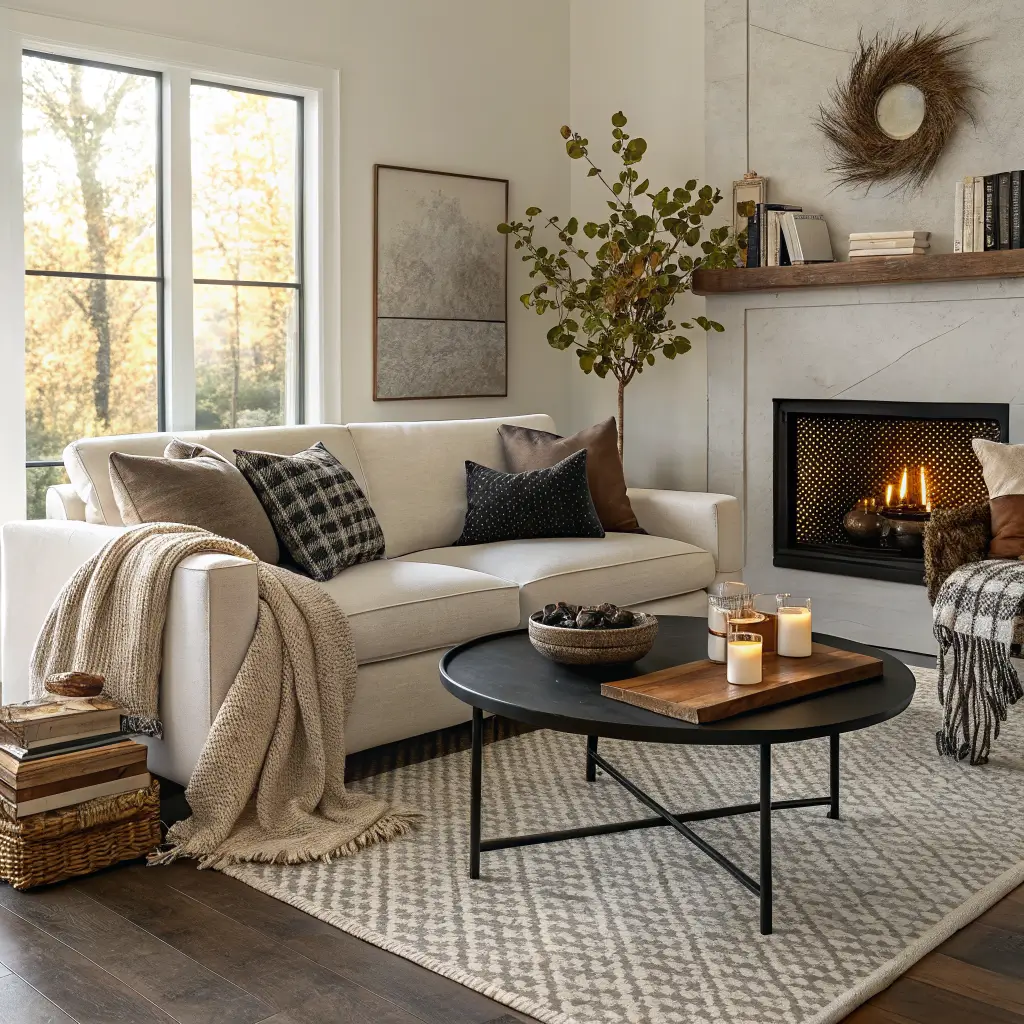 Photorealistic autumn living room with off-white sofa, charcoal pillows and camel throw, walnut round coffee table on checkerboard rug, black wainscoting, boucle chair, fiddle-leaf fig, and warm amber lamp light.