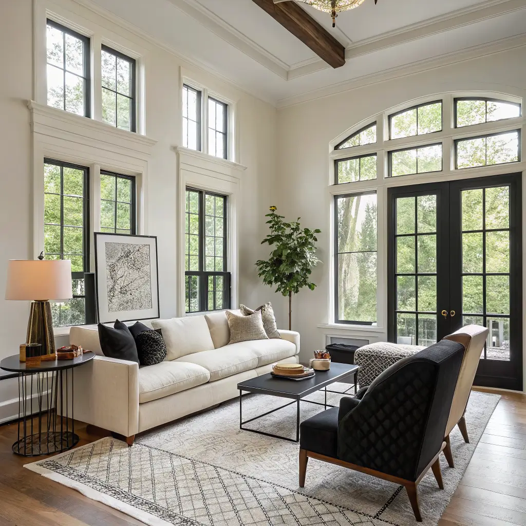 Modern living room with tall black-trim windows, white walls in golden light, cream sofa and black accent chair on a geometric rug around a walnut coffee table with olive branches.
