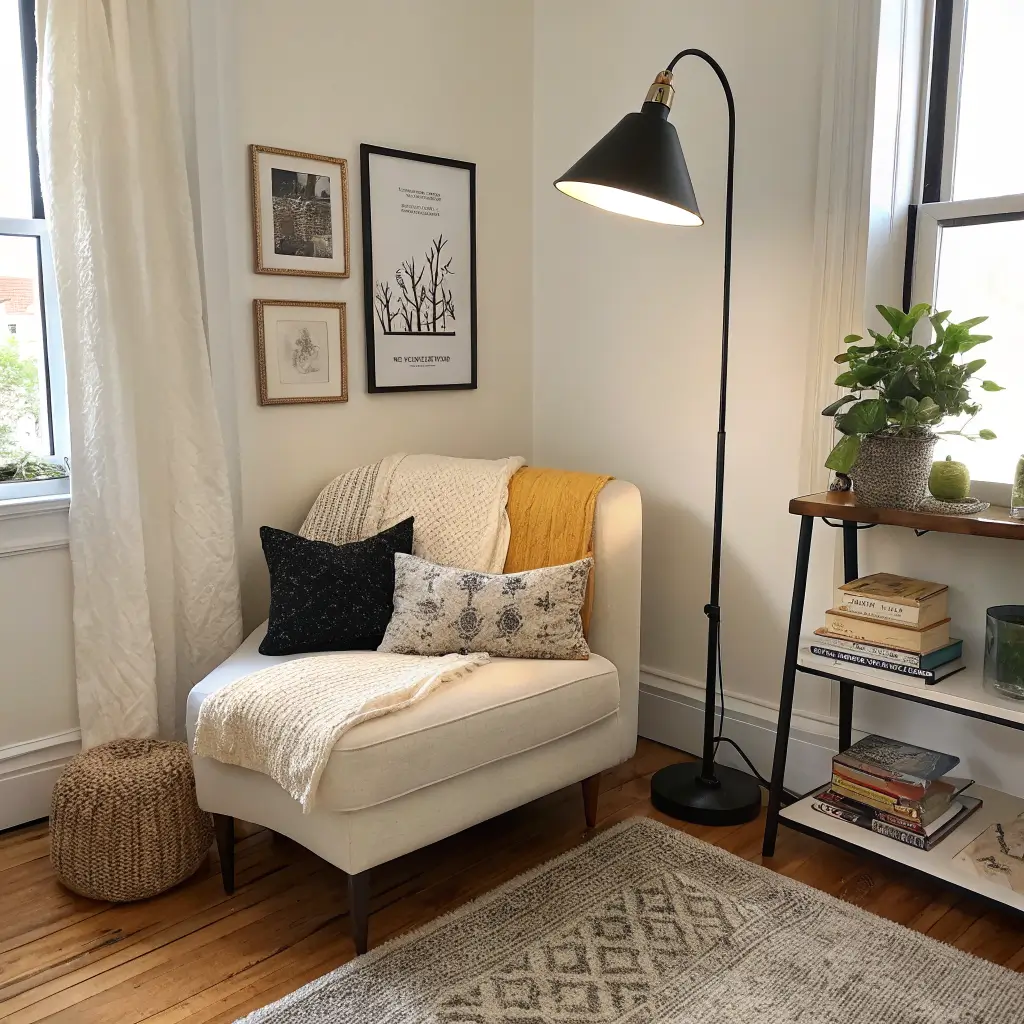 Cozy renter-friendly living nook with cream loveseat, mixed-texture pillows, checkerboard rug, black floor lamp, floating shelf with framed prints, and a glowing table lamp on a walnut side table in soft mid-morning light.