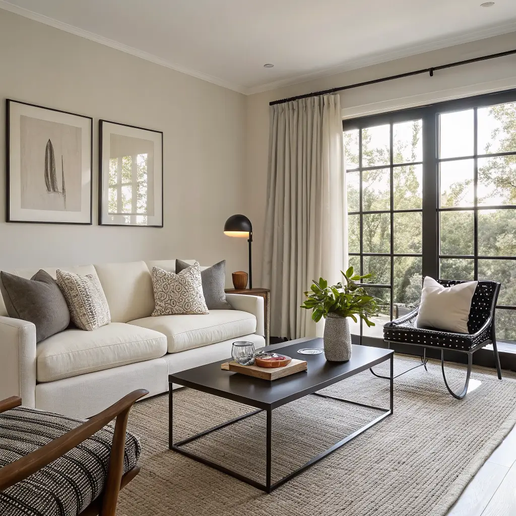 Serene north-lit living room with cream bouclé sofa, black steel-and-glass coffee table, monochrome rug, cane-back chair, and minimalist black-and-white art.