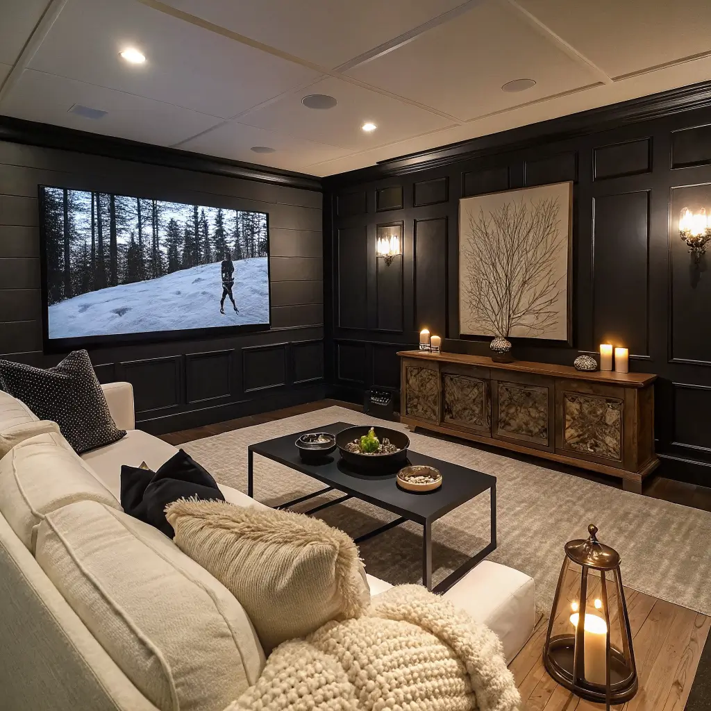 Media room at dusk with Tricorn Black TV accent wall, cream sofa with ivory knit throw, walnut tables and matte black lamps, geometric rug, and abstract art in warm cinematic light.