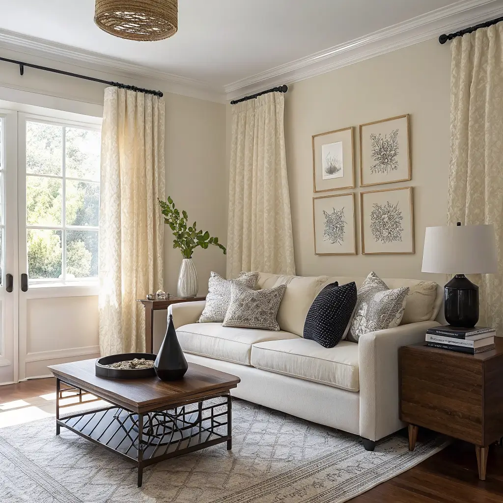 Bright sunlit living room close-up showing layered textures: cream linen sofa with boucle and velvet pillows, cable-knit throw, walnut coffee table with black vase and travertine tray, ivory curtains, striped wool rug, ceramic lamp, and black metal side table with glass carafe.